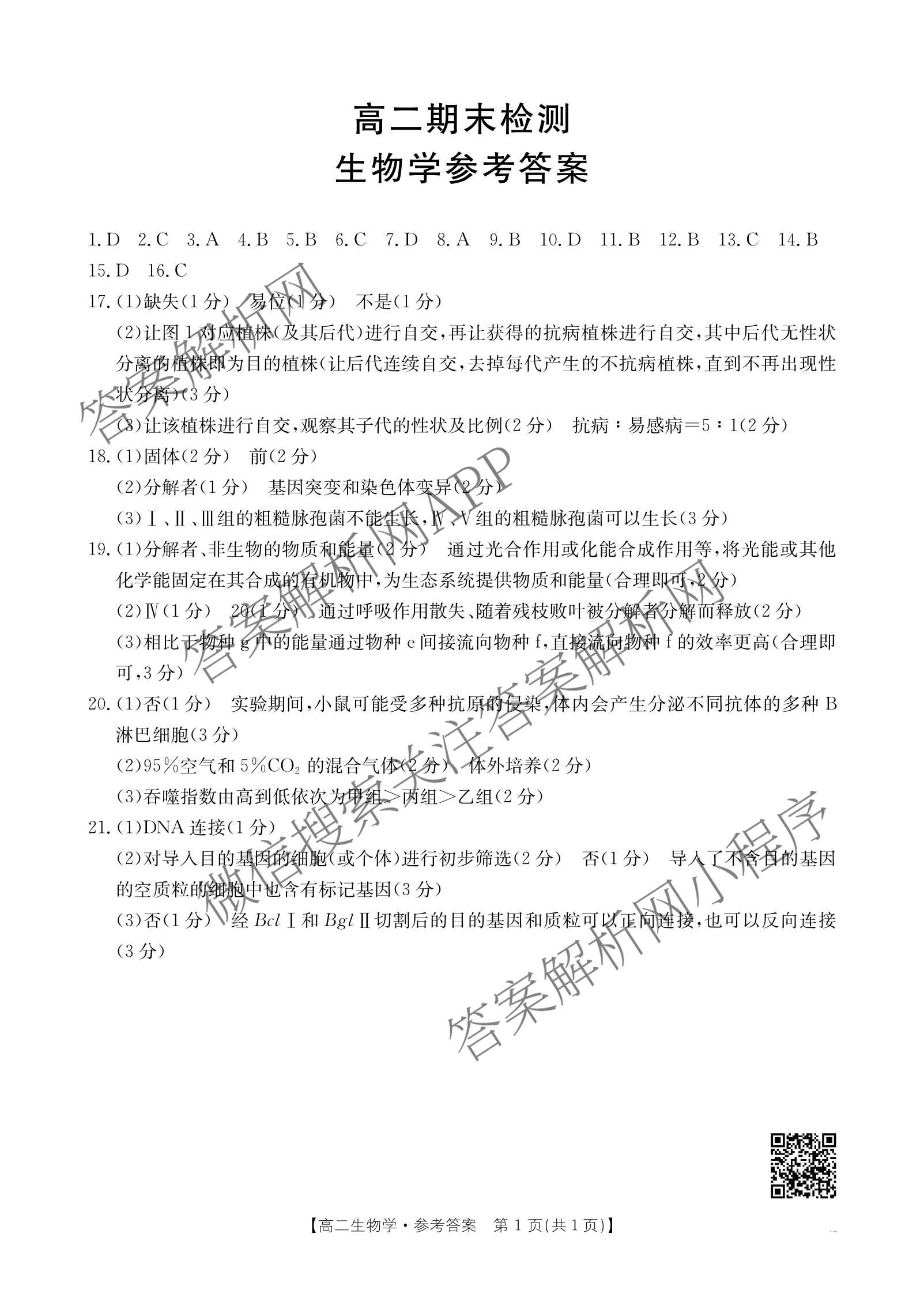 甘肃2024-2025高二期末检测(7.14)（含地理、数学、政治等9份）生物答案