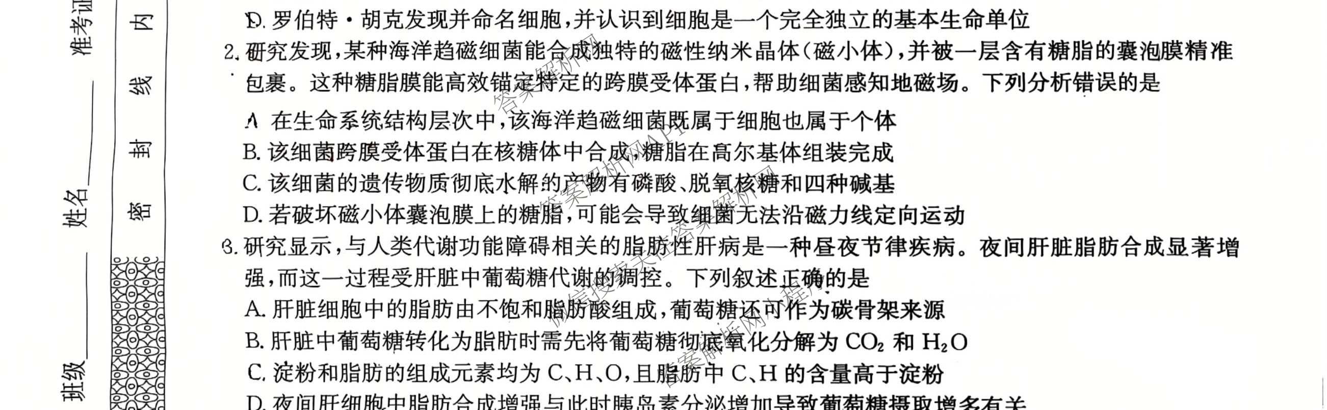 全国名校大联考2026-2027学年高三第一次联考(月考)试卷各科答案及试卷(已更新物理(G1) 化学(G2) 语文等9份)生物试题