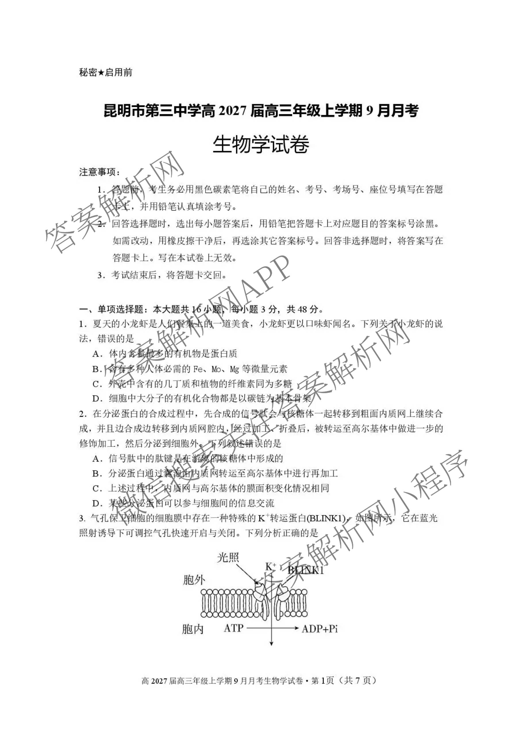 云南省昆明市第三中学高2027届高三年级上学期9月月考各科答案及试卷（含化学、政治、语文等9份）生物试题