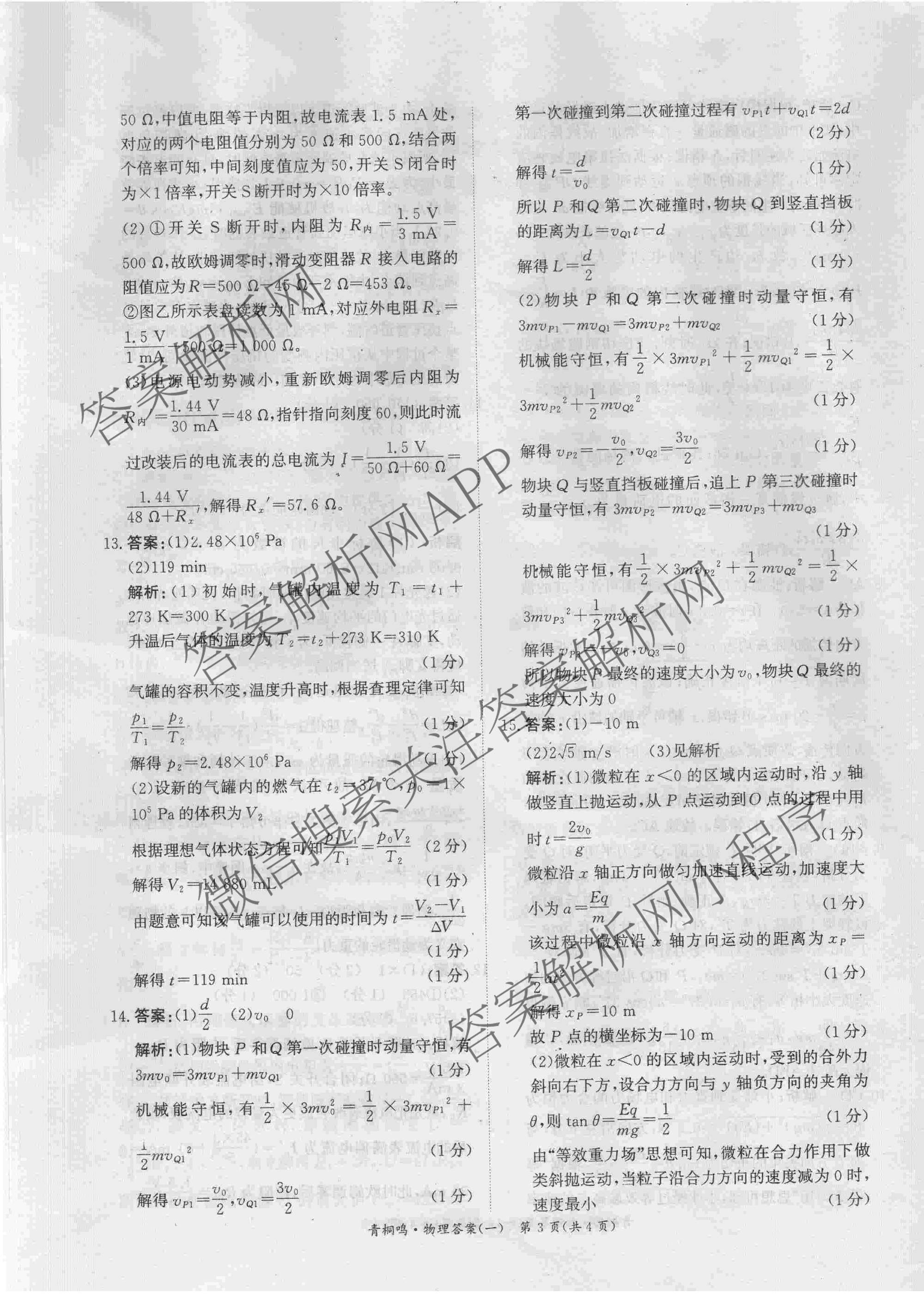 青桐鸣2025届普通高等学校招生全国统一考试高考冲刺联考卷(一)1各科答案及试卷（含地理、数学、生物等）物理答案
