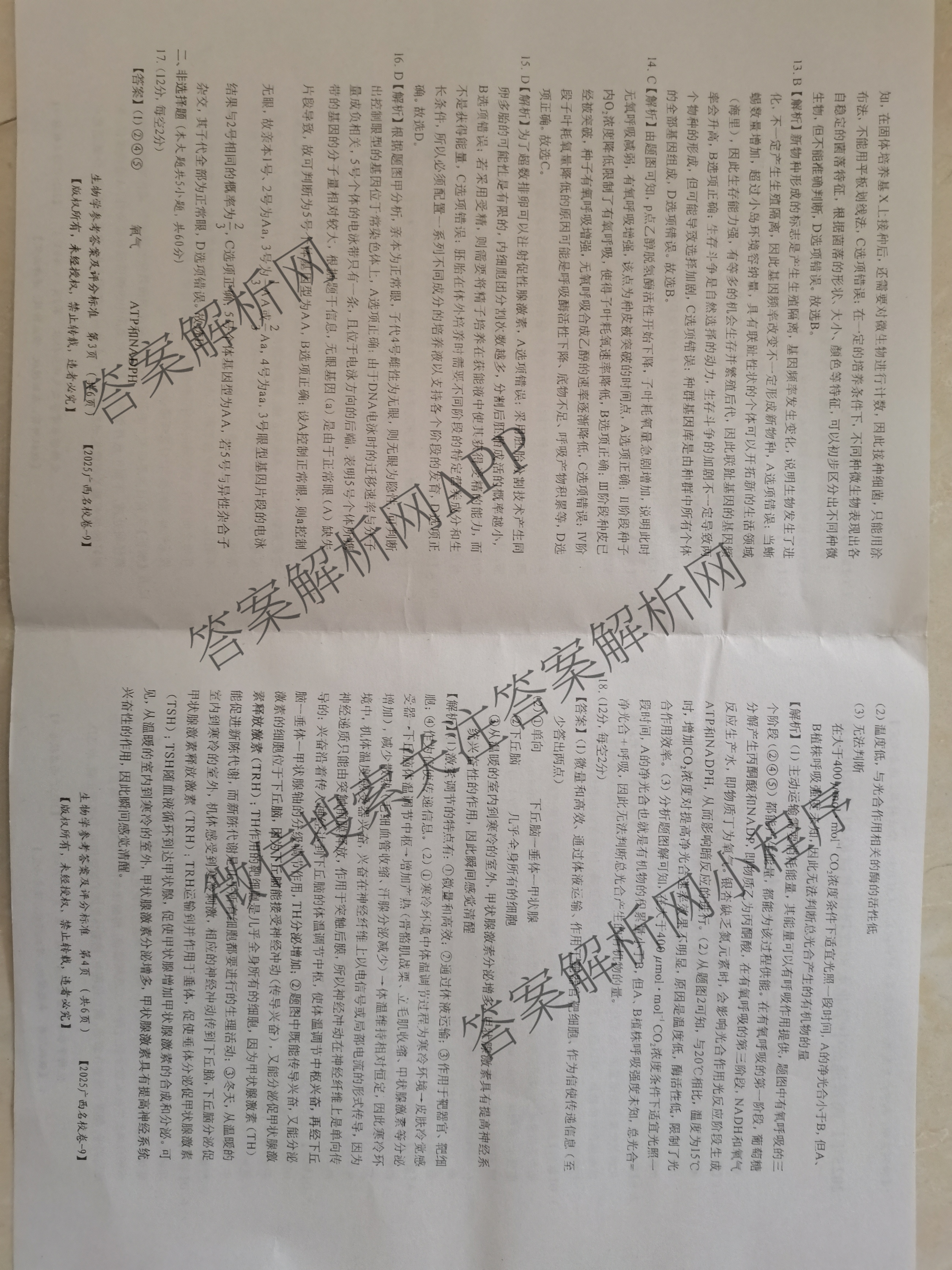 2025年广西名校高考模拟试卷押题卷[2025广西名校卷-9]（含日语 数学 物理等）生物答案