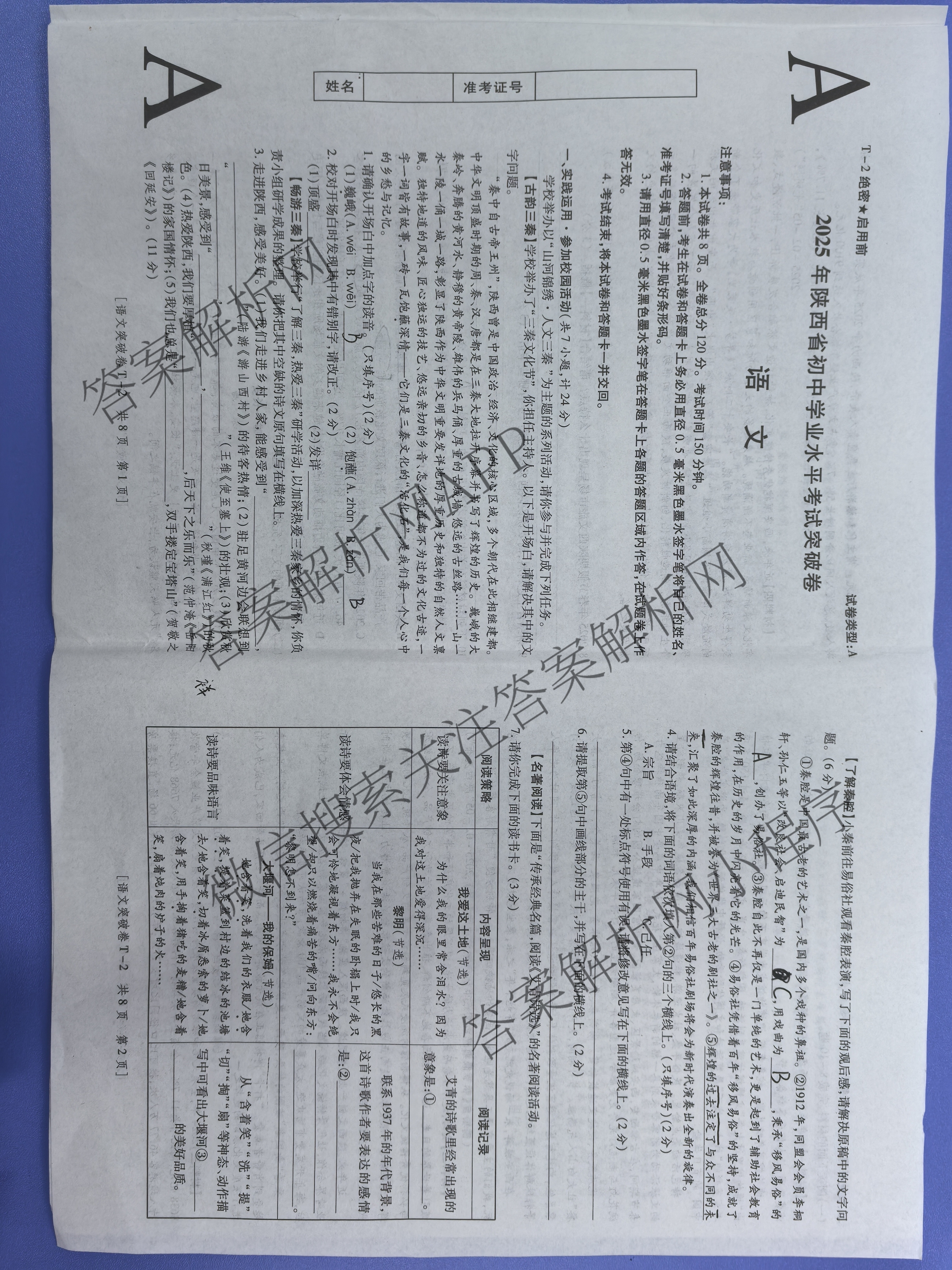 2025年陕西省初中学业水考试突破卷[T-2][试卷类型A]（7科全）语文试题