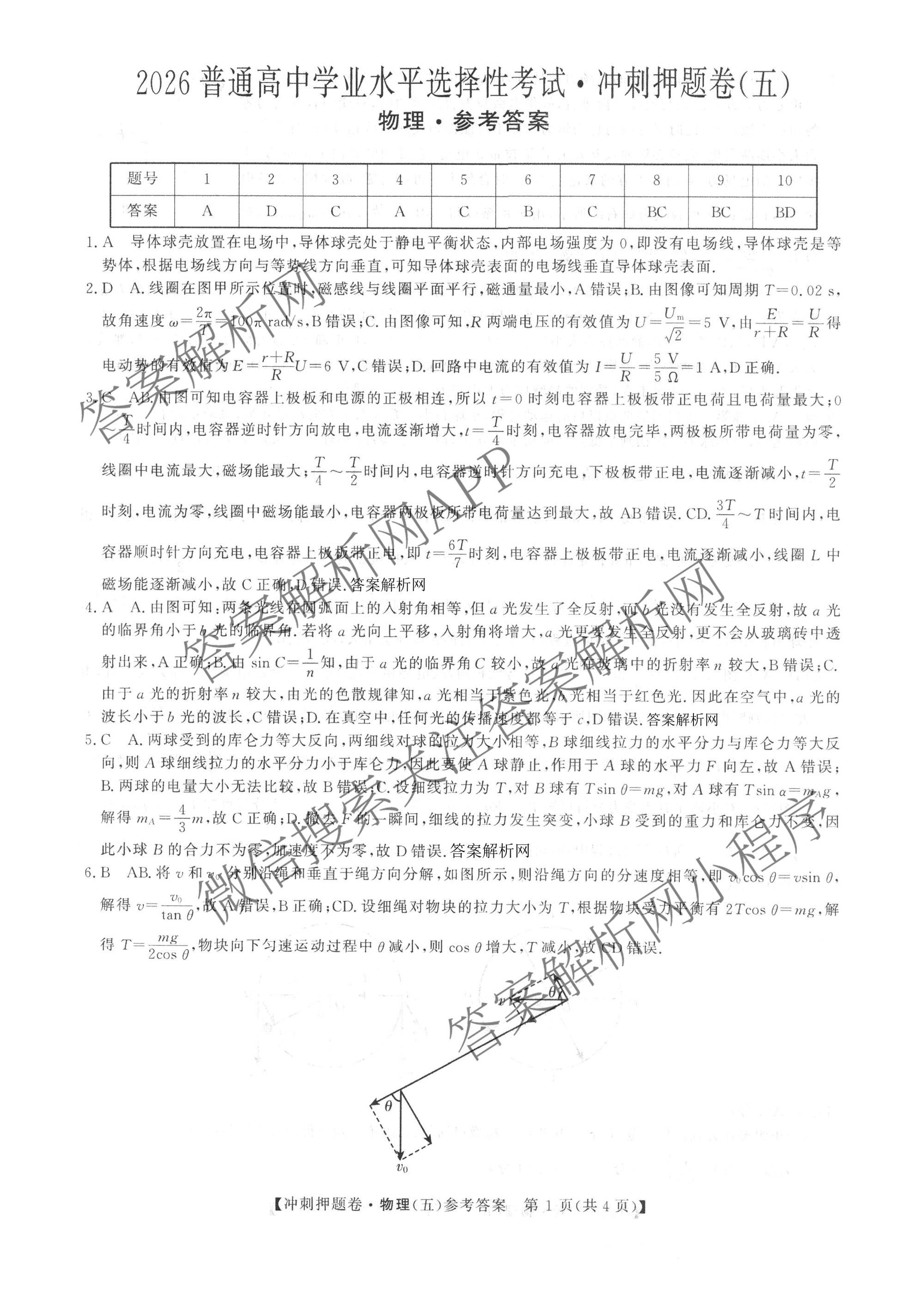 2026普通高等学校招生全国统一考试冲刺押题卷(五)5试卷及答案汇总（含数学(A)、地理(HNY)、语文等）物理答案
