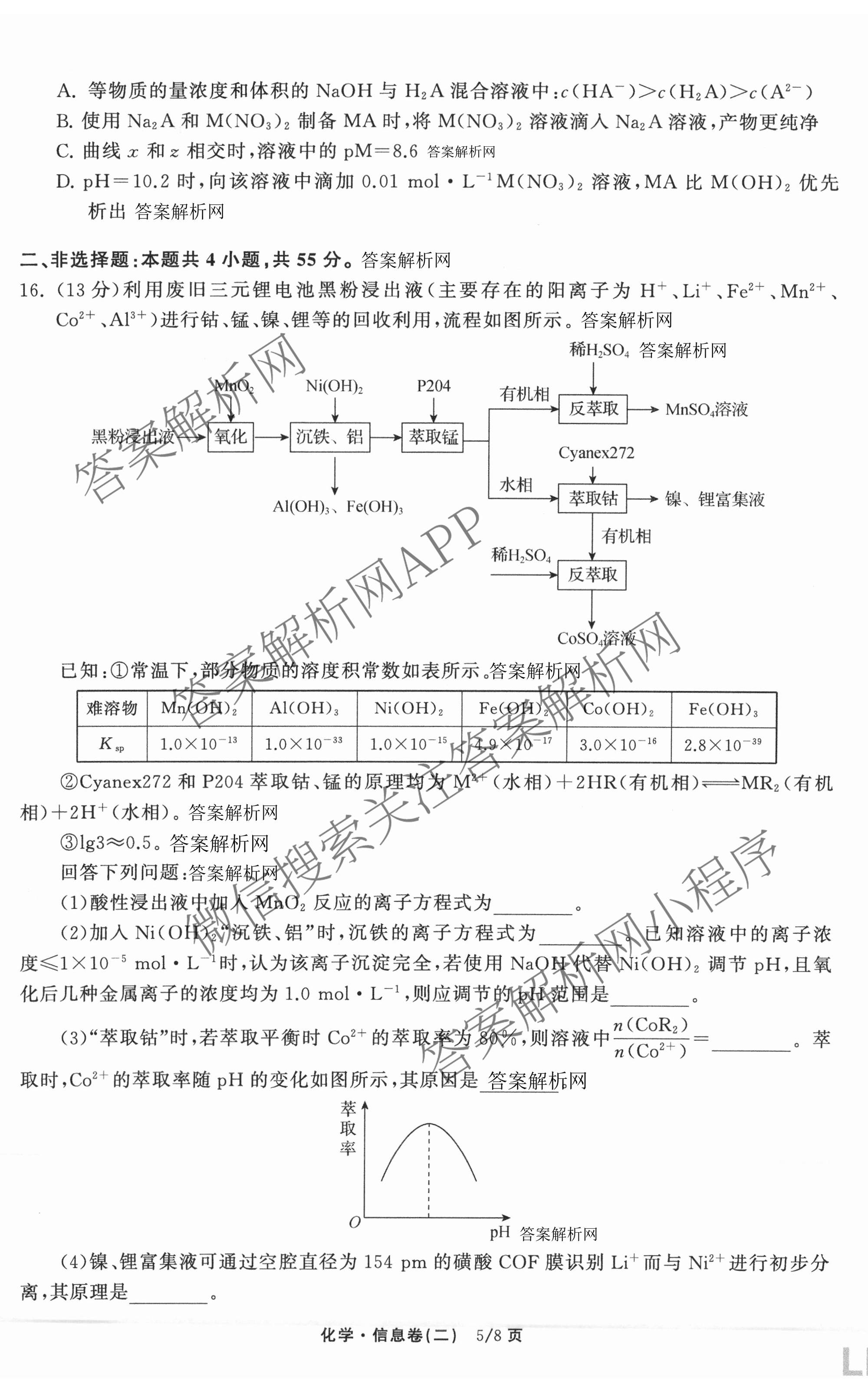 天舟高考衡中同卷2026年普通高等学校招生全国统一考试模拟信息卷(二)2各科答案及试卷（含化学(山东版)、历史(GY)、数学(B)等）化学试题