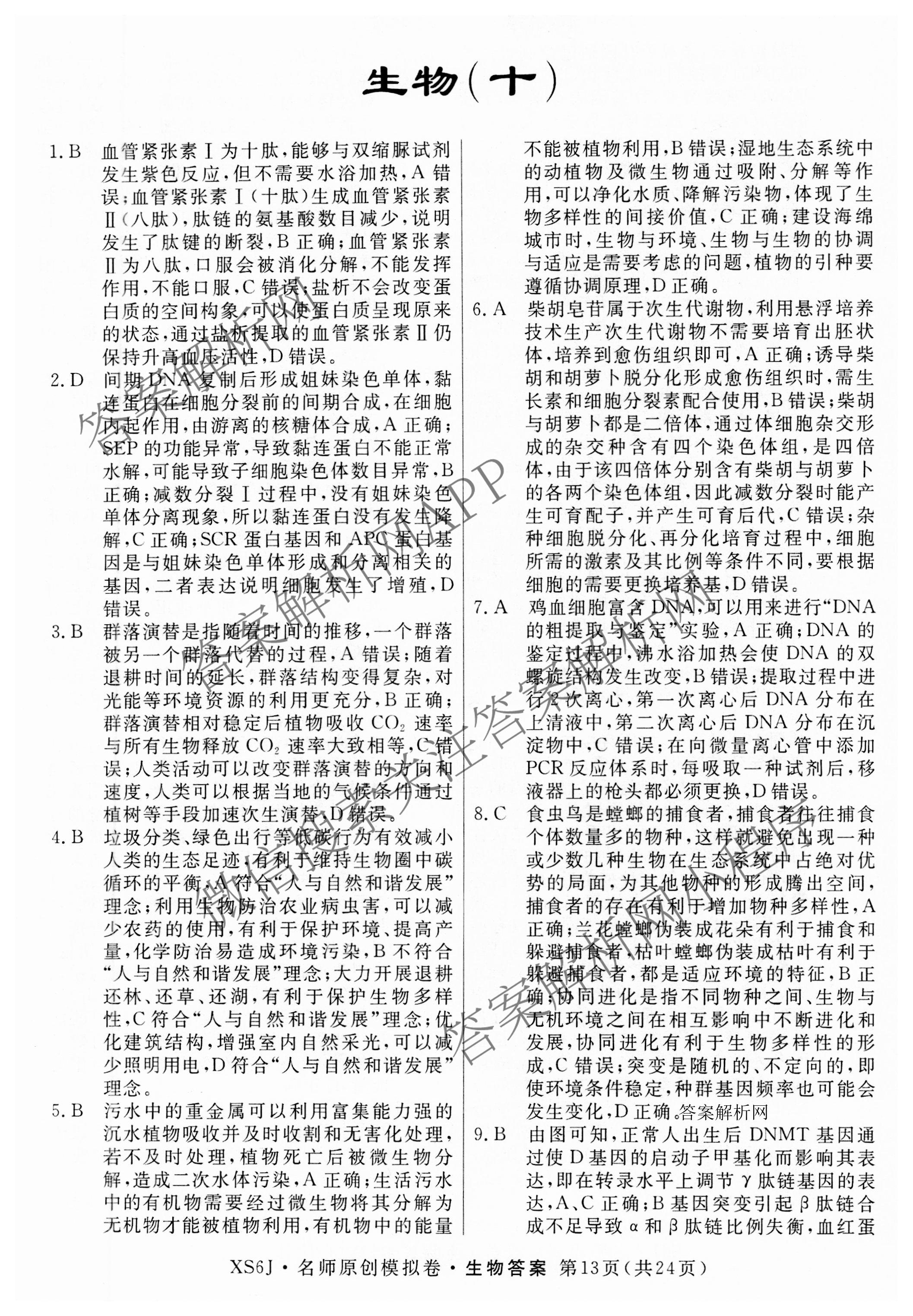 2026届高三总复习名师原创模拟(十)10各科答案及试卷: 含化学(XS6JG)、历史(CQX6)、物理(XS6J)试卷解析生物答案