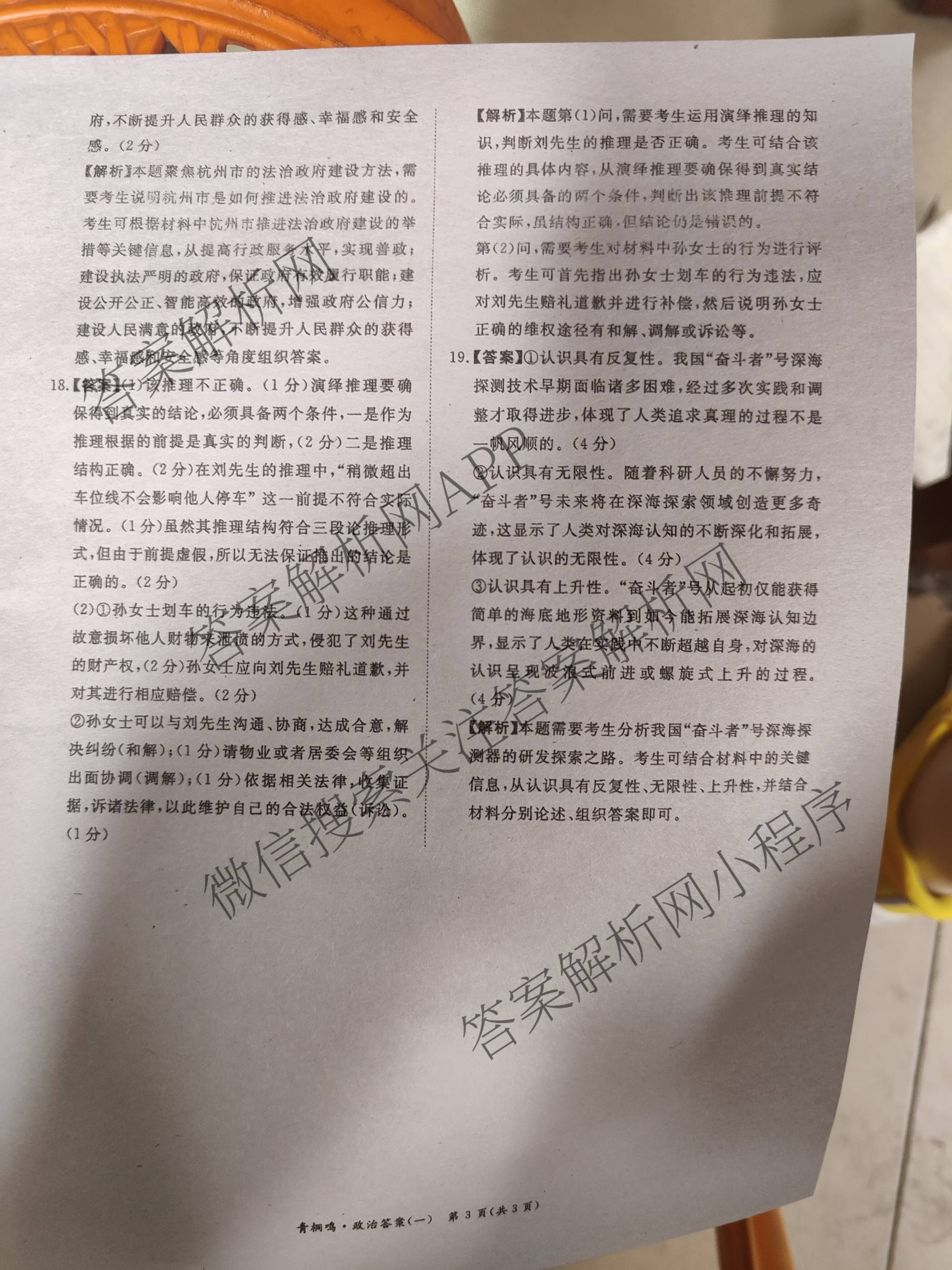 青桐鸣2025届普通高等学校招生全国统一考试高考冲刺联考卷(一)1各科答案及试卷（含地理、数学、生物等）政治答案