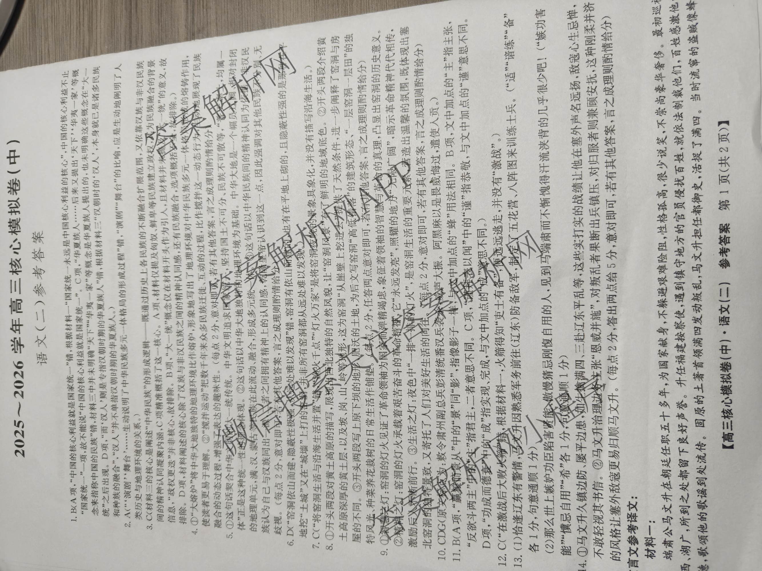 九师联盟2025~2026学年高三核心模拟卷(中)(二)试卷及答案汇总（含化学(D2) 物理(A1) 生物(WH)等）语文答案