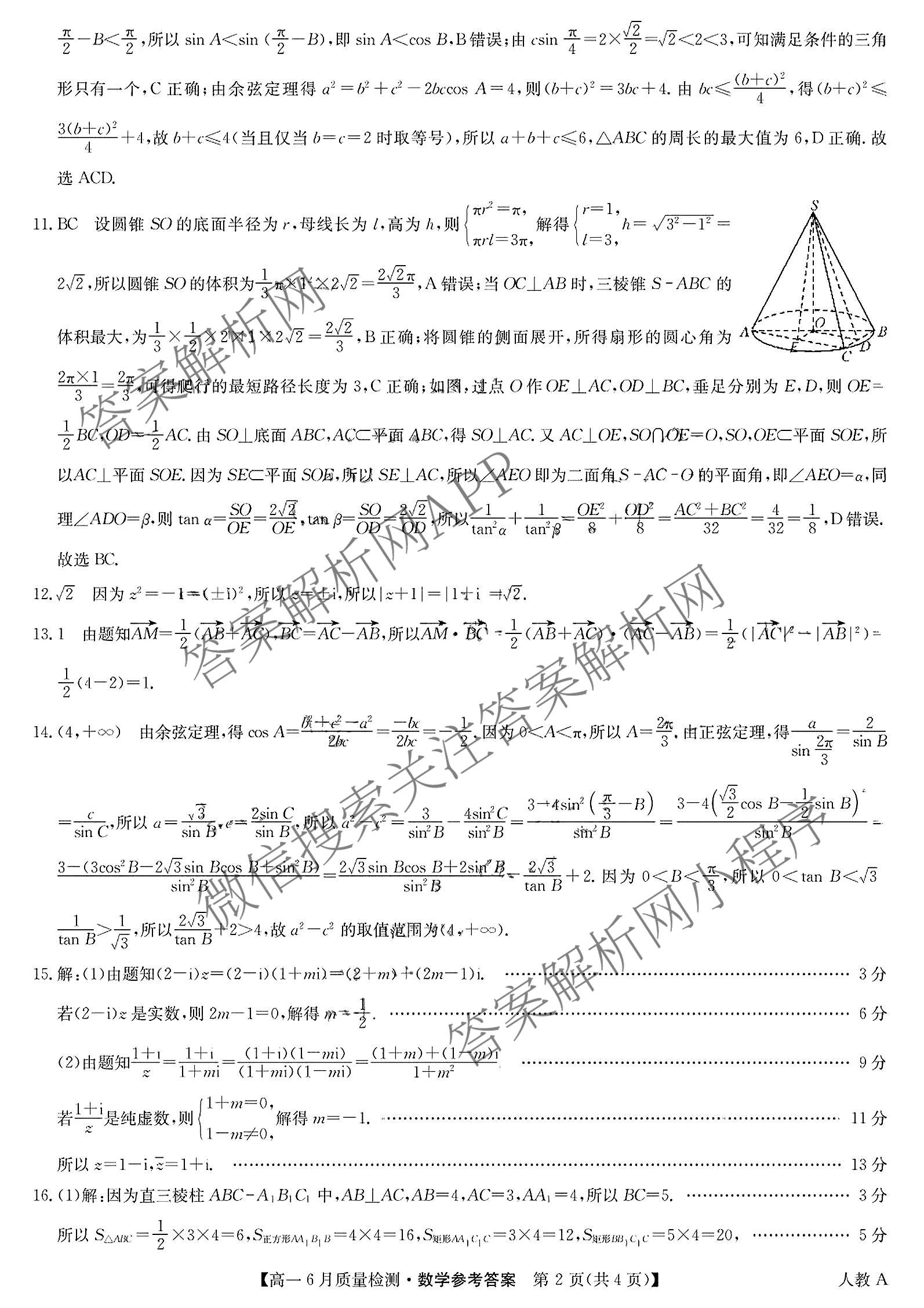 九师联盟2024-2025学年高一6月质量检测试卷及答案汇总（21科全）数学答案