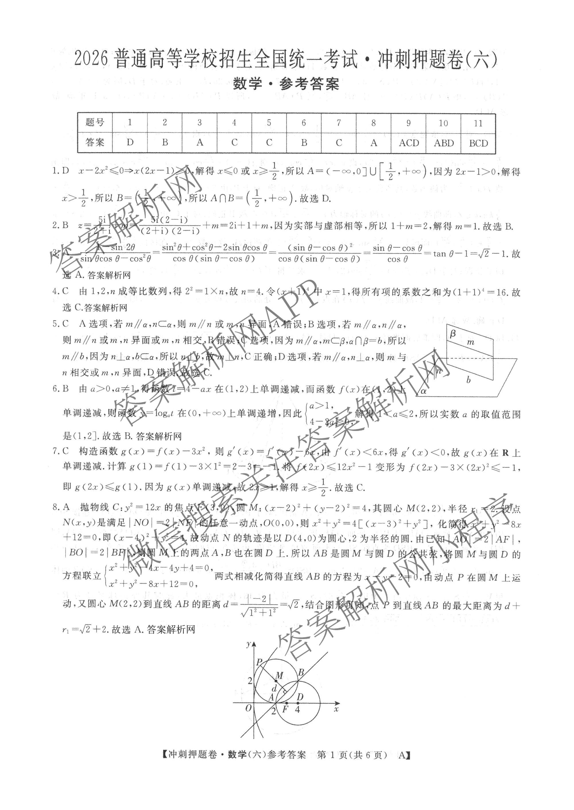 2026普通高等学校招生全国统一考试冲刺押题卷(六)6各科答案及试卷（含数学(A)、语文、生物(HBJ)等）数学答案