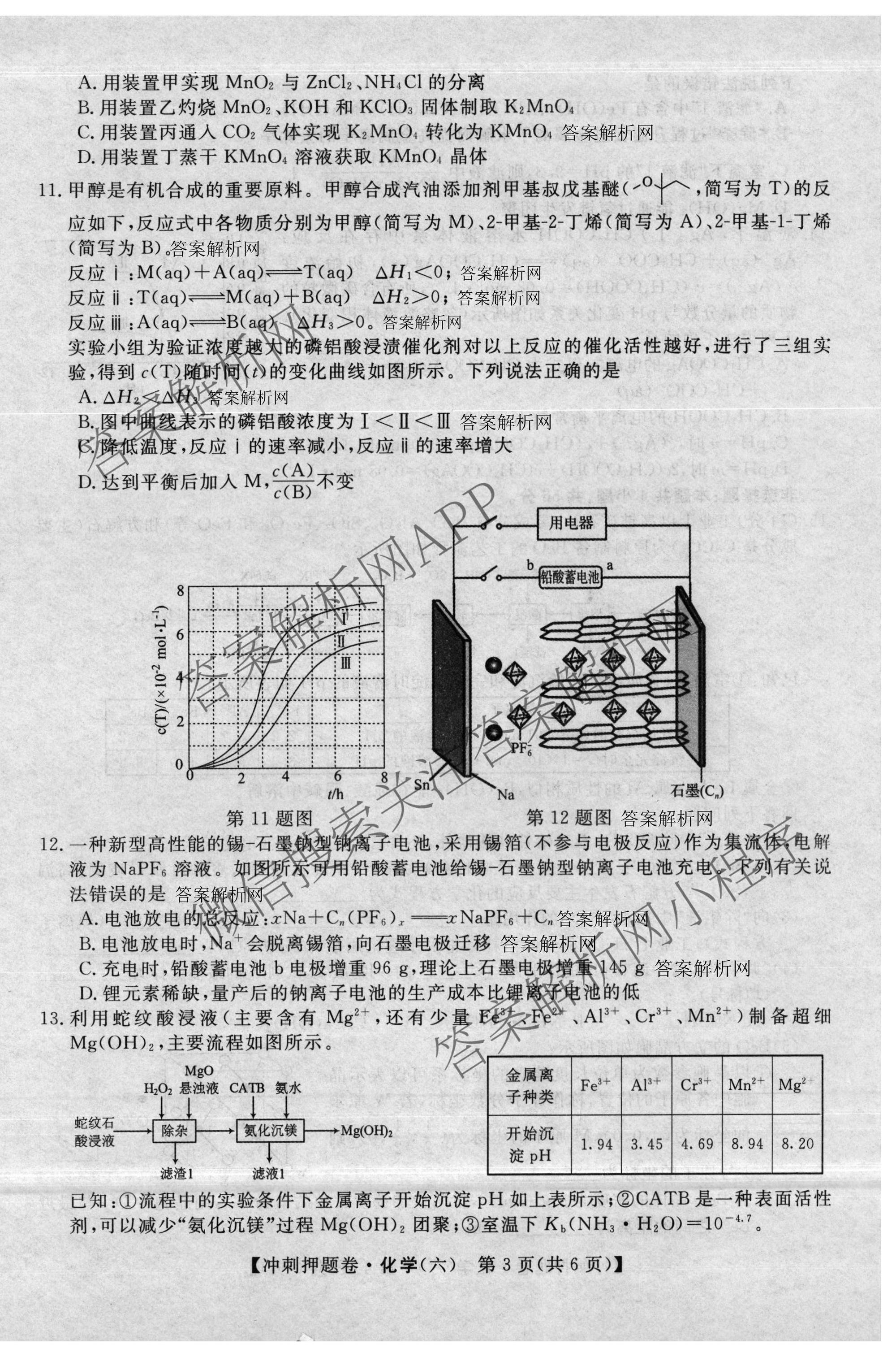 2026普通高等学校招生全国统一考试冲刺押题卷(六)6各科答案及试卷（含数学(A)、语文、生物(HBJ)等）化学试题