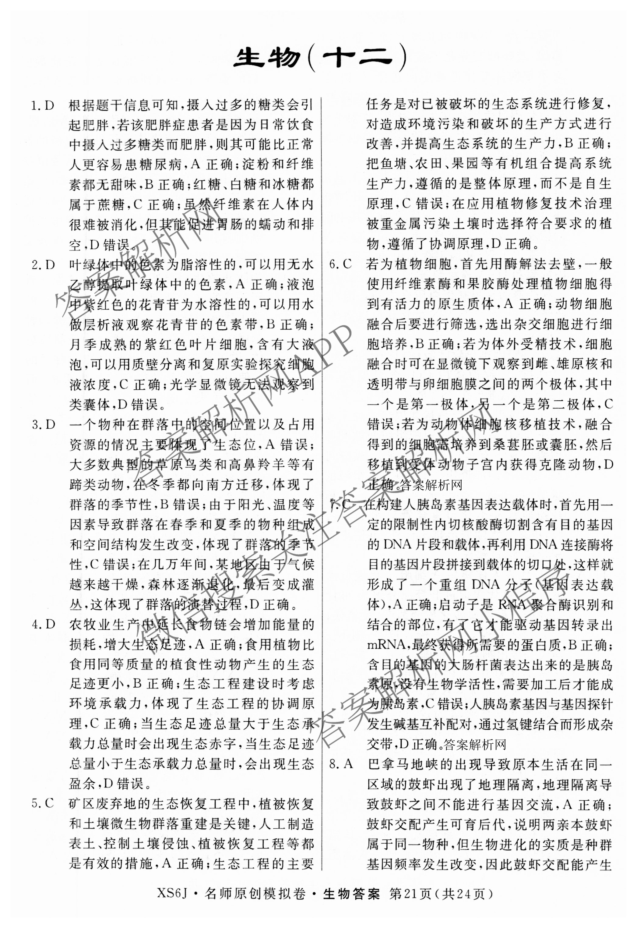 2026届高三总复习名师原创模拟(十二)12试卷及答案汇总（含语文(XS6G) 化学(XS6JG) 历史(新S6J)等）生物答案