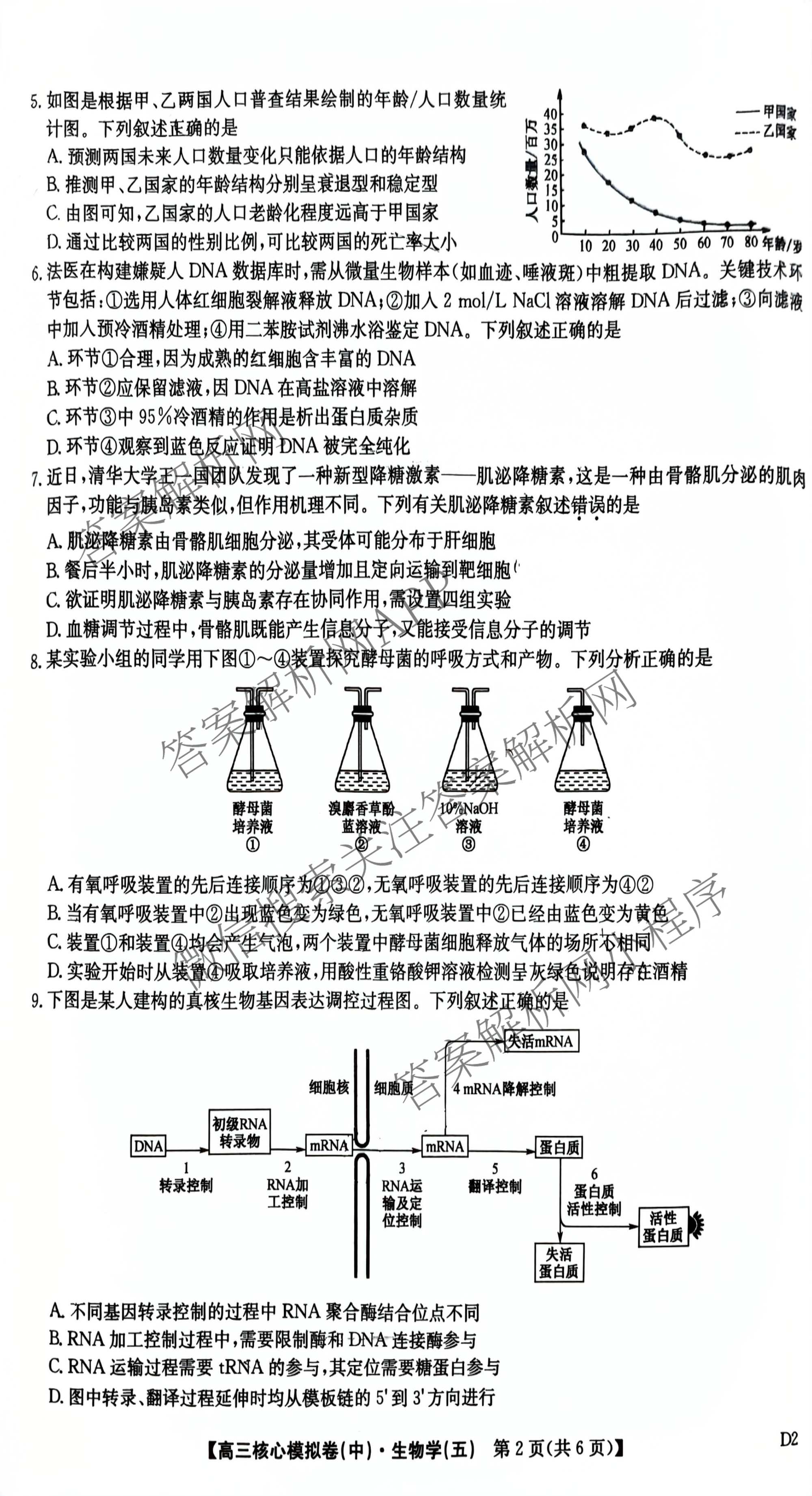 九师联盟2025~2026学年高三核心模拟卷(中)(五)各科答案及试卷（含历史(D2) 政治(B) 政治(D2)等）生物试题