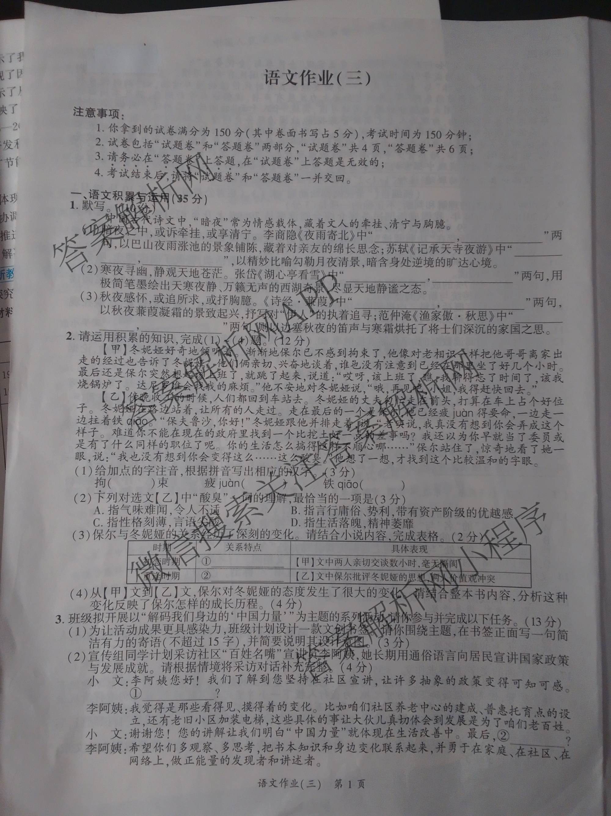 安徽省2026届九年级作业(三)各科答案及试卷（含英语 道德与法治 数学等）语文试题