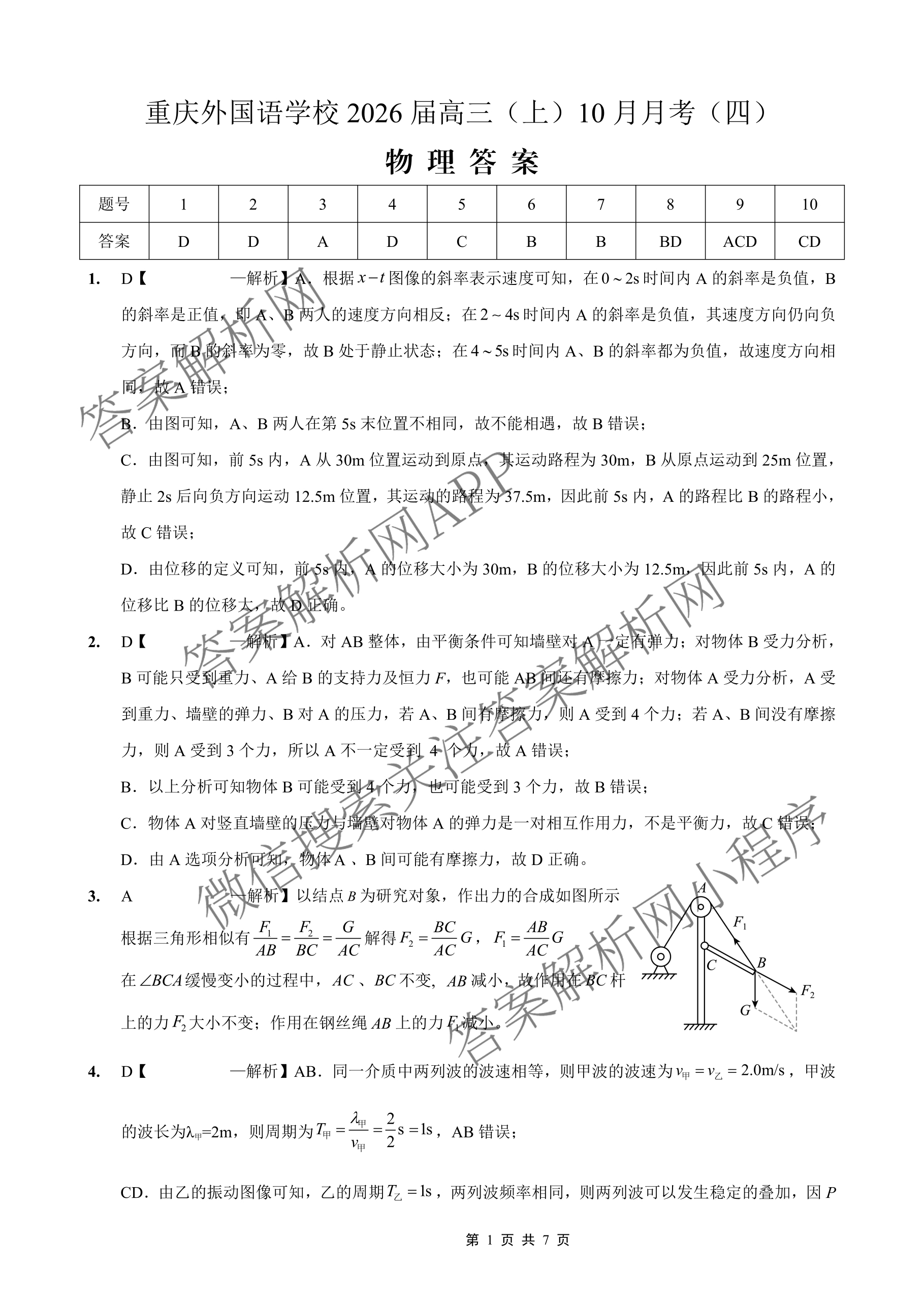 重庆外国语学校2026届高三(上)10月月考(四)各科答案及试卷(已更新数学 历史 物理等9份)物理答案 重庆外国语学校2026届高三(上)10月月考(四)各科答案及试卷(已更新数学 历史 物理等9份)物理答案