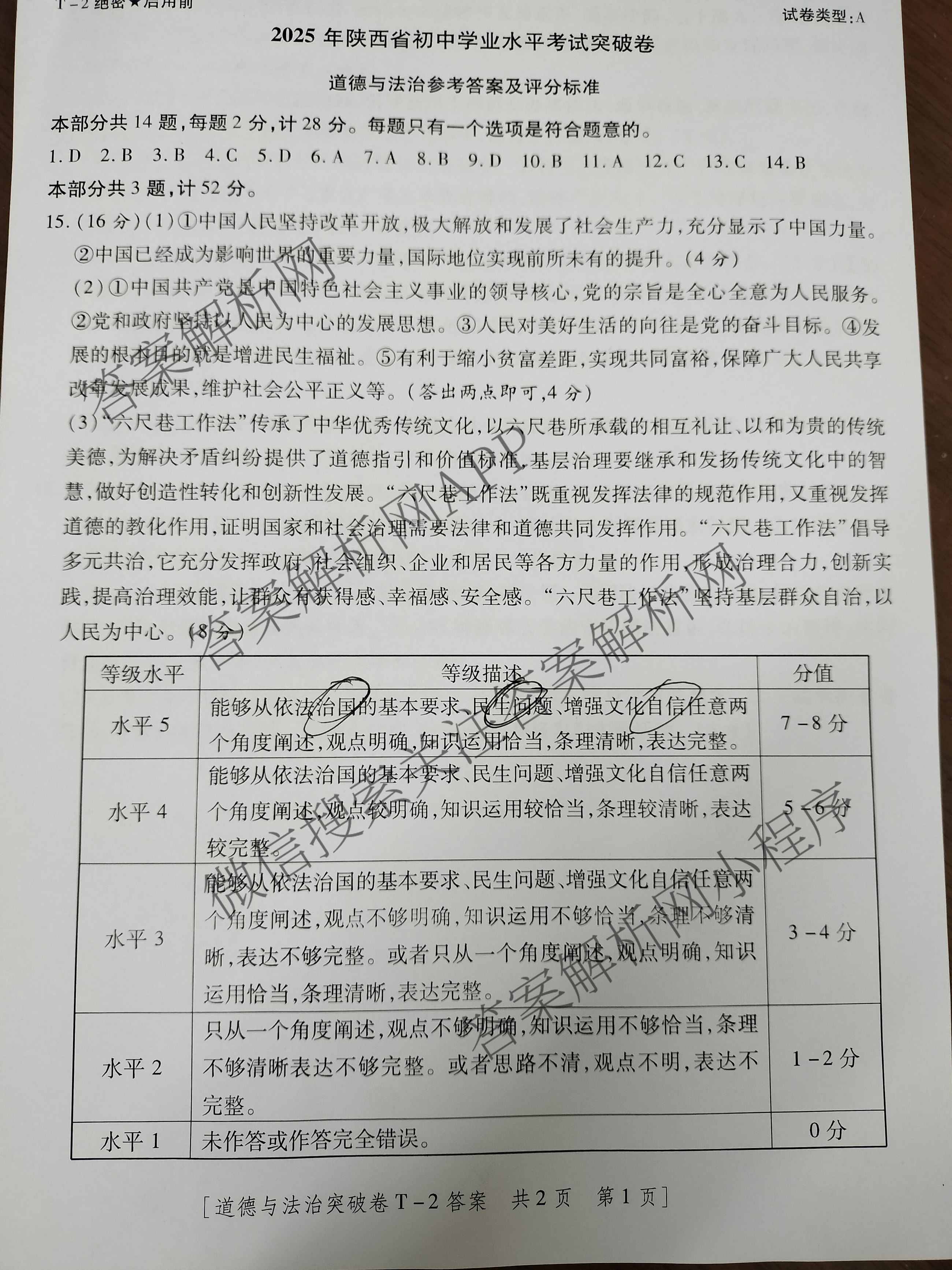 2025年陕西省初中学业水考试突破卷[T-2][试卷类型A]（7科全）道德与法治答案