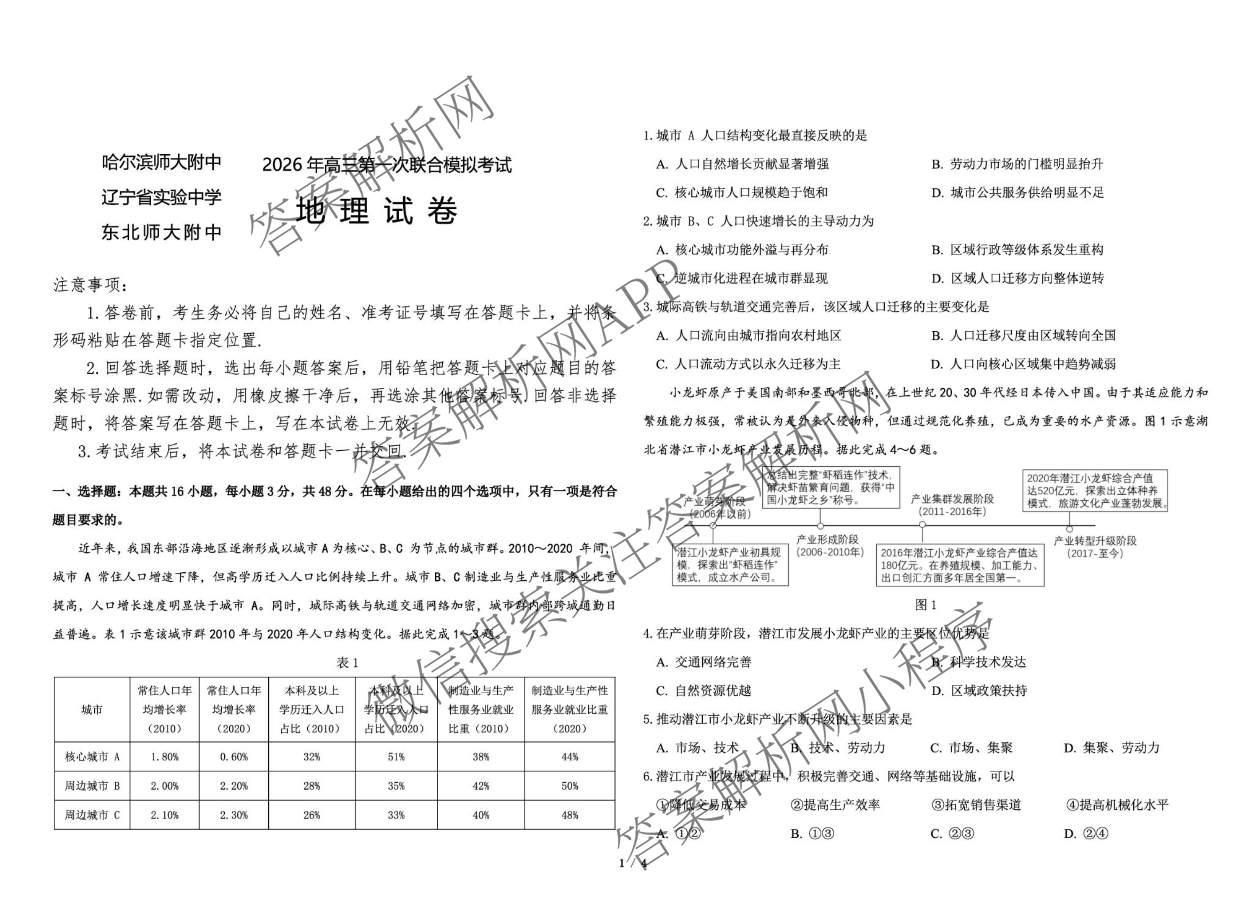 [东三校一模]东北三省三校2026年高三第一次联合模拟考试（含历史、政治、数学等）地理试题