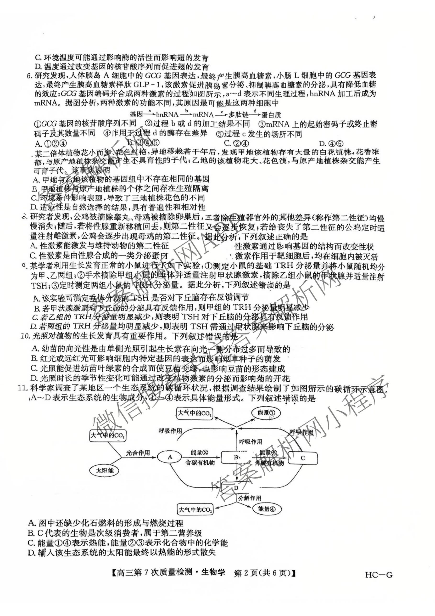 九师联盟2026届高三第7次质量检测巩固卷(G)(03.05)各科答案及试卷（含历史(X-G)、物理(H-G)、物理(L-G)等）生物试题
