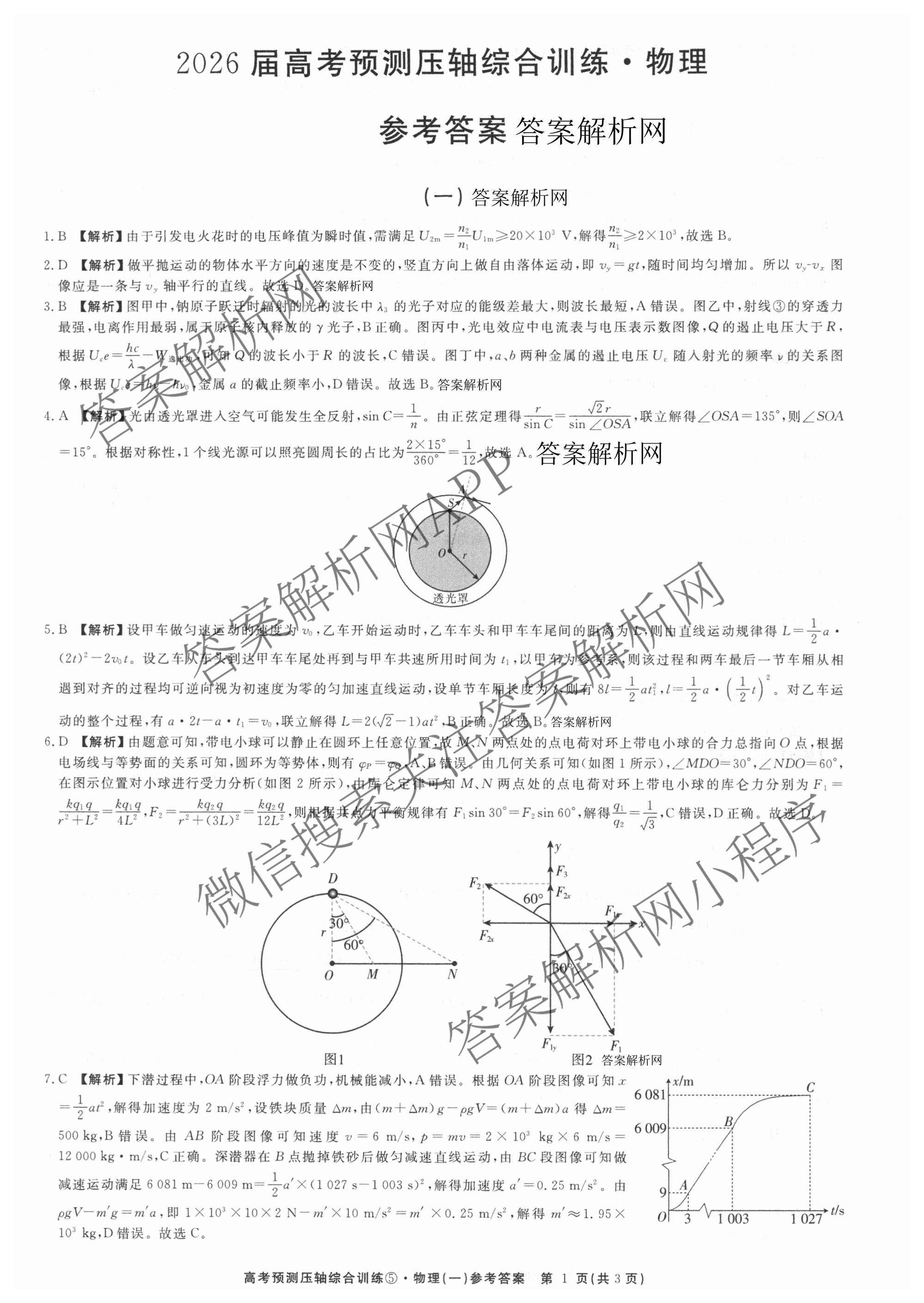 2026届高考预测压轴综合训练(一)1试卷及答案汇总（含化学(4) 数学 历史(5)等）物理答案
