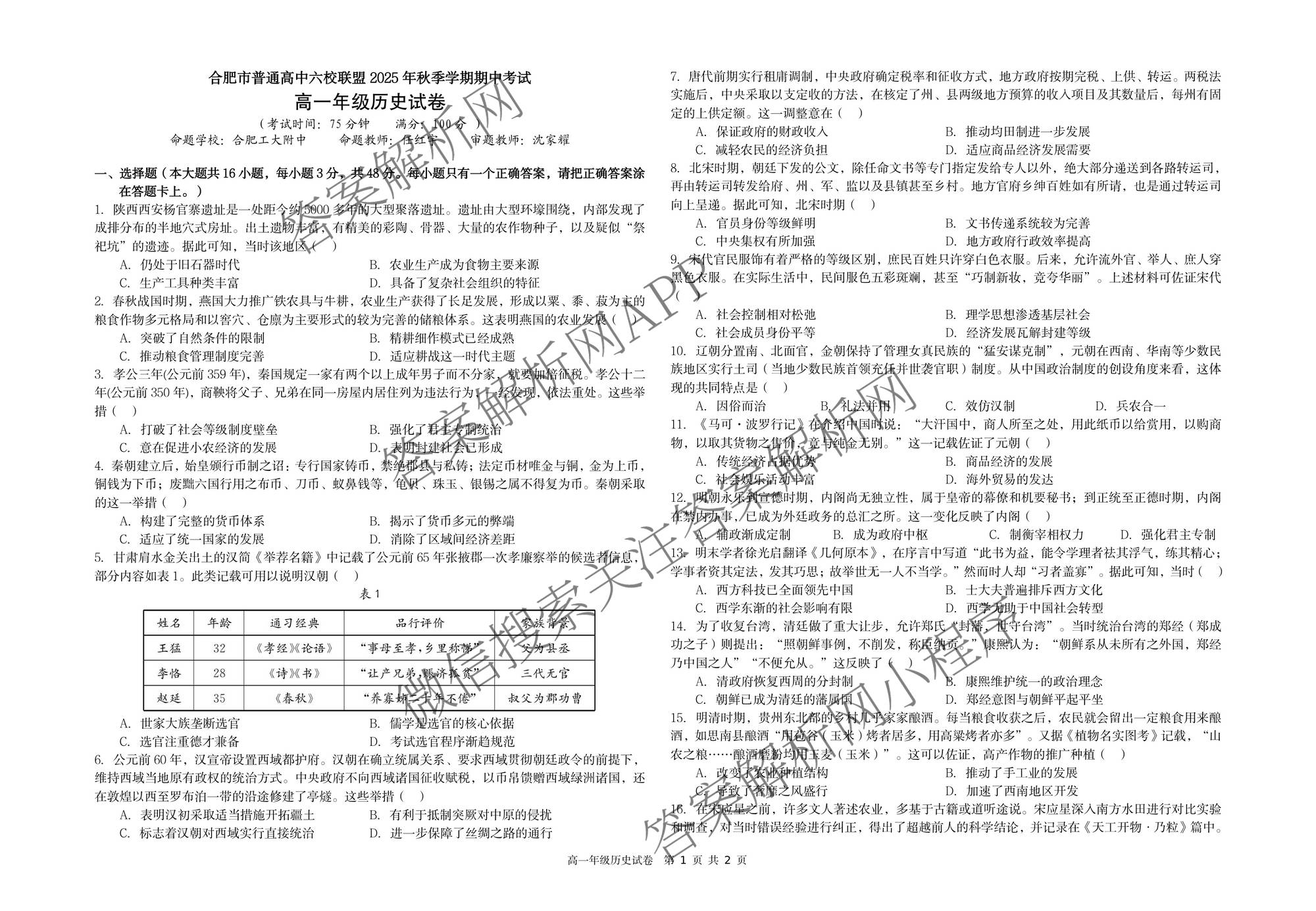 合肥市普通高中六校联盟2025年秋季学期期中考试高一年级（含物理、数学、英语等）历史试题