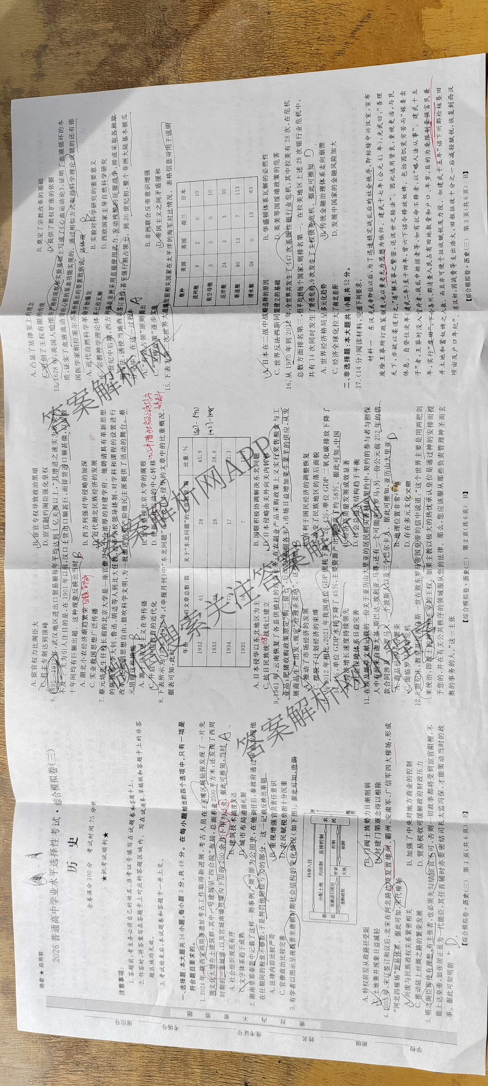 2026普通高等学校招生全国统一考试综合模拟卷(三)3试卷及答案汇总（含历史(B)、化学(B)、英语(X)等）历史试题
