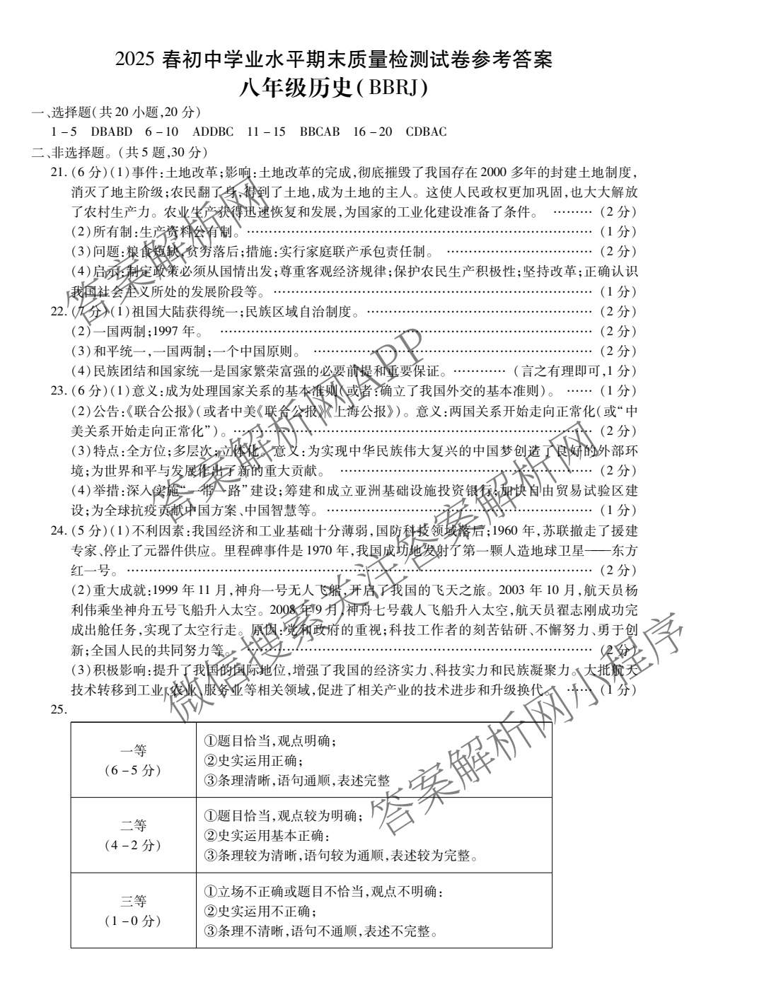 河南省2025春初中学业水平期末质量检测试卷八年级（含语文(BBRJ) 地理 生物等）历史答案