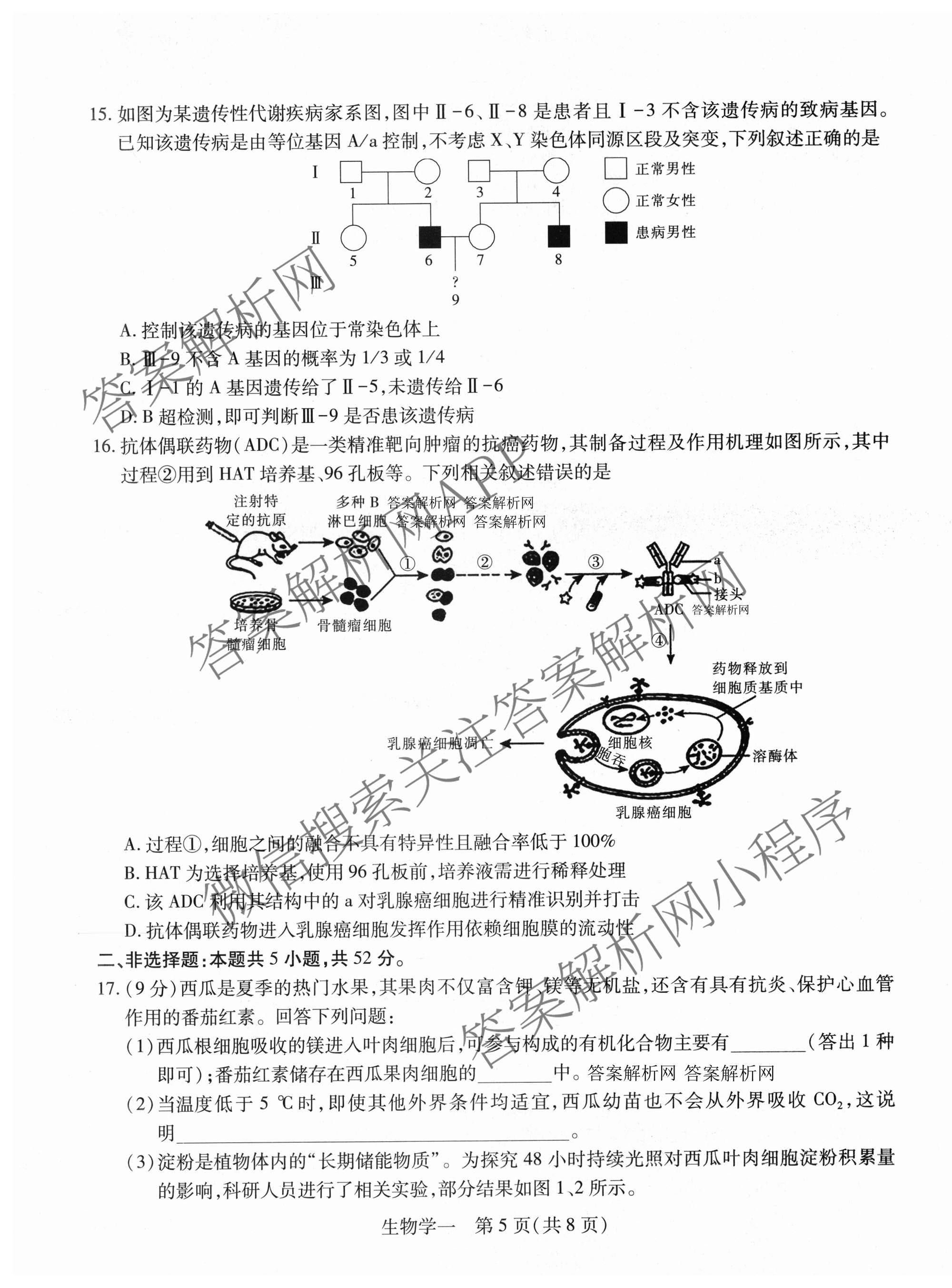2026届智慧上进名校学术联盟高考模拟信息卷&冲刺卷&预测卷(一)1试卷及答案汇总（含化学(GD-26-1) 英语(I B-26-1) 英语(IA26-1)等）生物试题