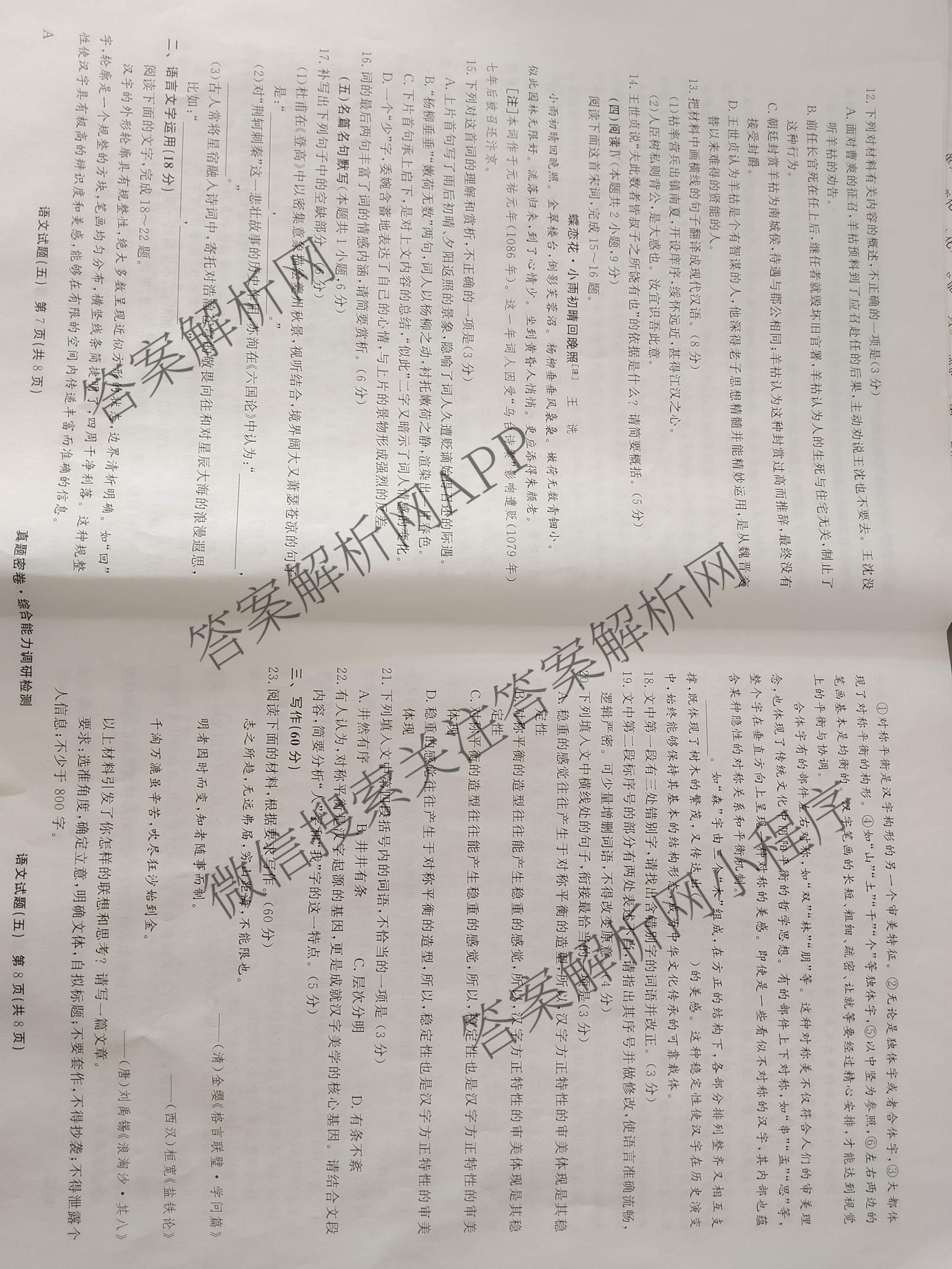 衡水真题密卷2025-2026学年度综合能力调研检测(五)5试卷及答案汇总（15科全）语文试题