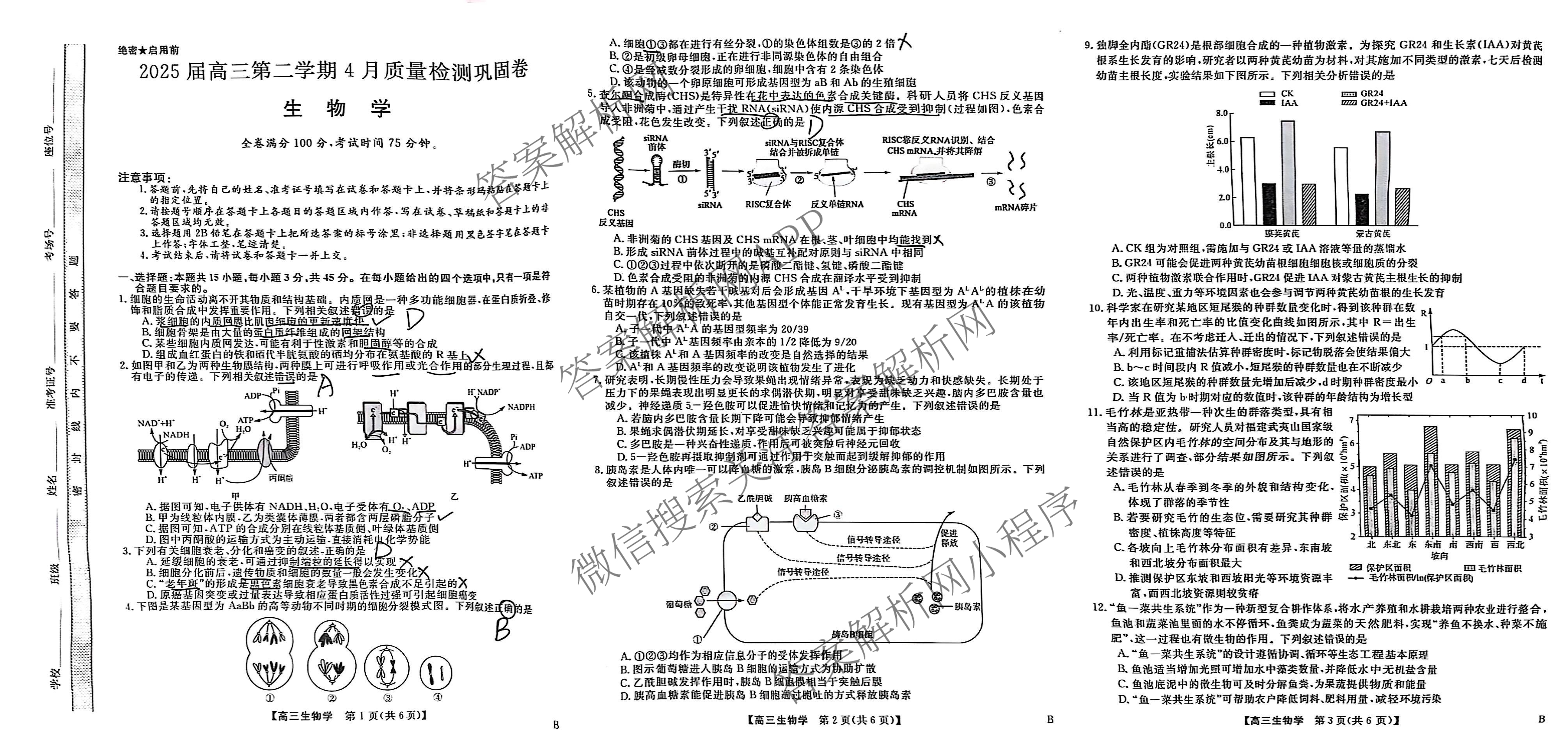 安徽省2025届高三第二学期4月质量检测巩固卷试卷及答案汇总（含数学(B) 化学(B) 英语(B)等9份）生物试题