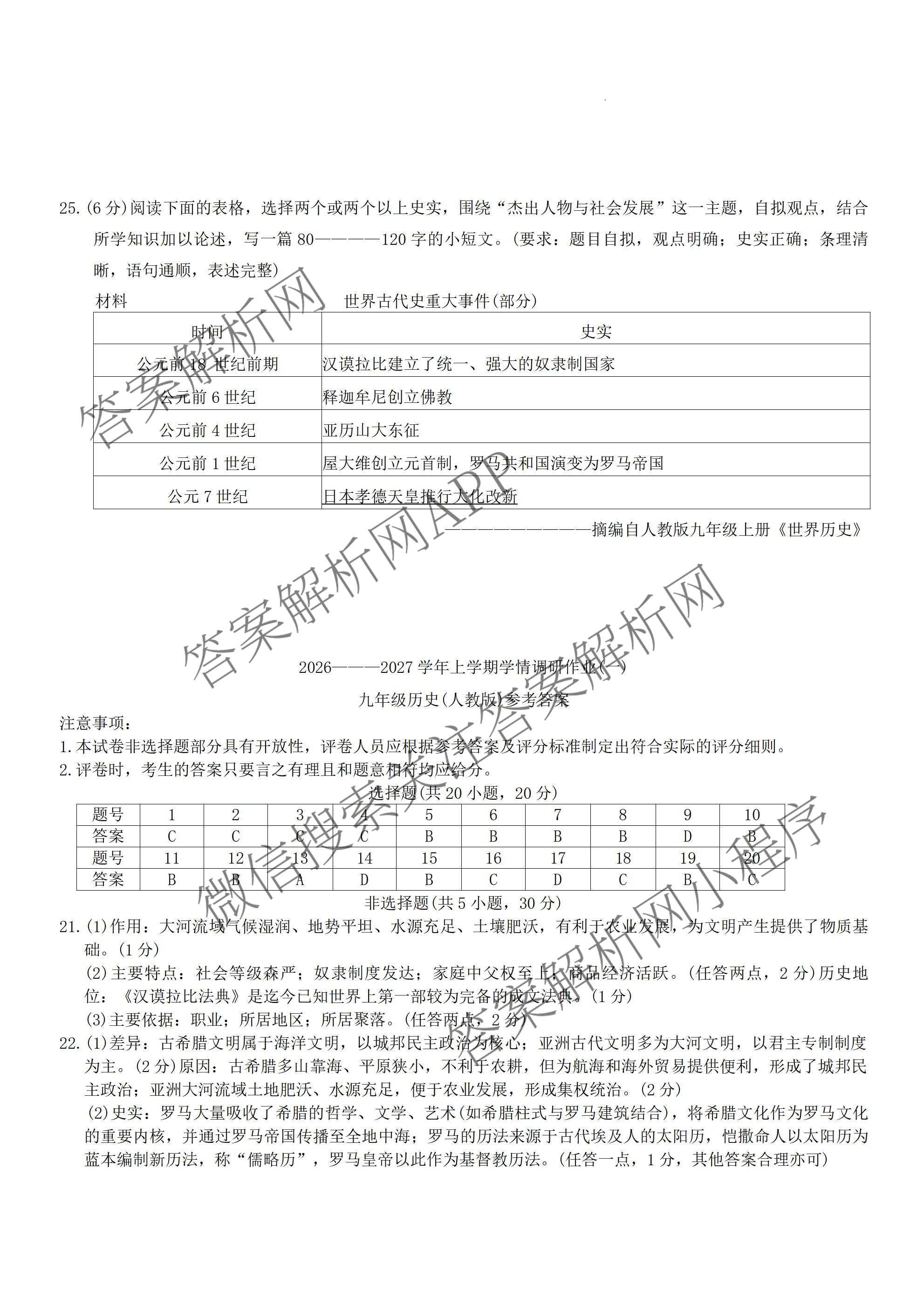河南省2026-2027学年上学期学情调研作业(一)九年级试卷及答案汇总（含语文(人教版) 数学(人教版) 化学(人教版)等）历史试题