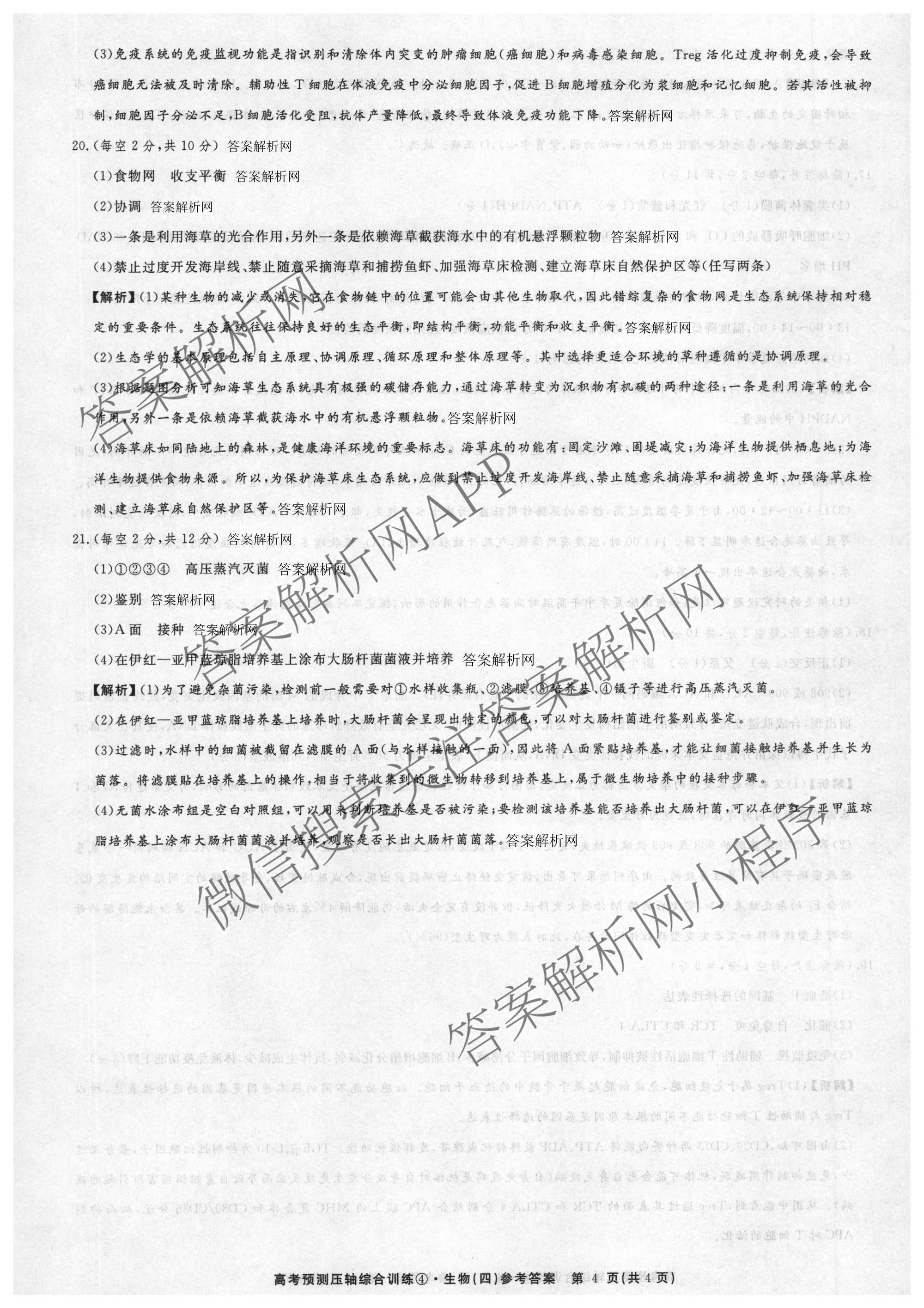 2026届高考预测压轴综合训练(四)4各科答案及试卷: 含政治(4) 英语 物理(5)试卷解析生物答案