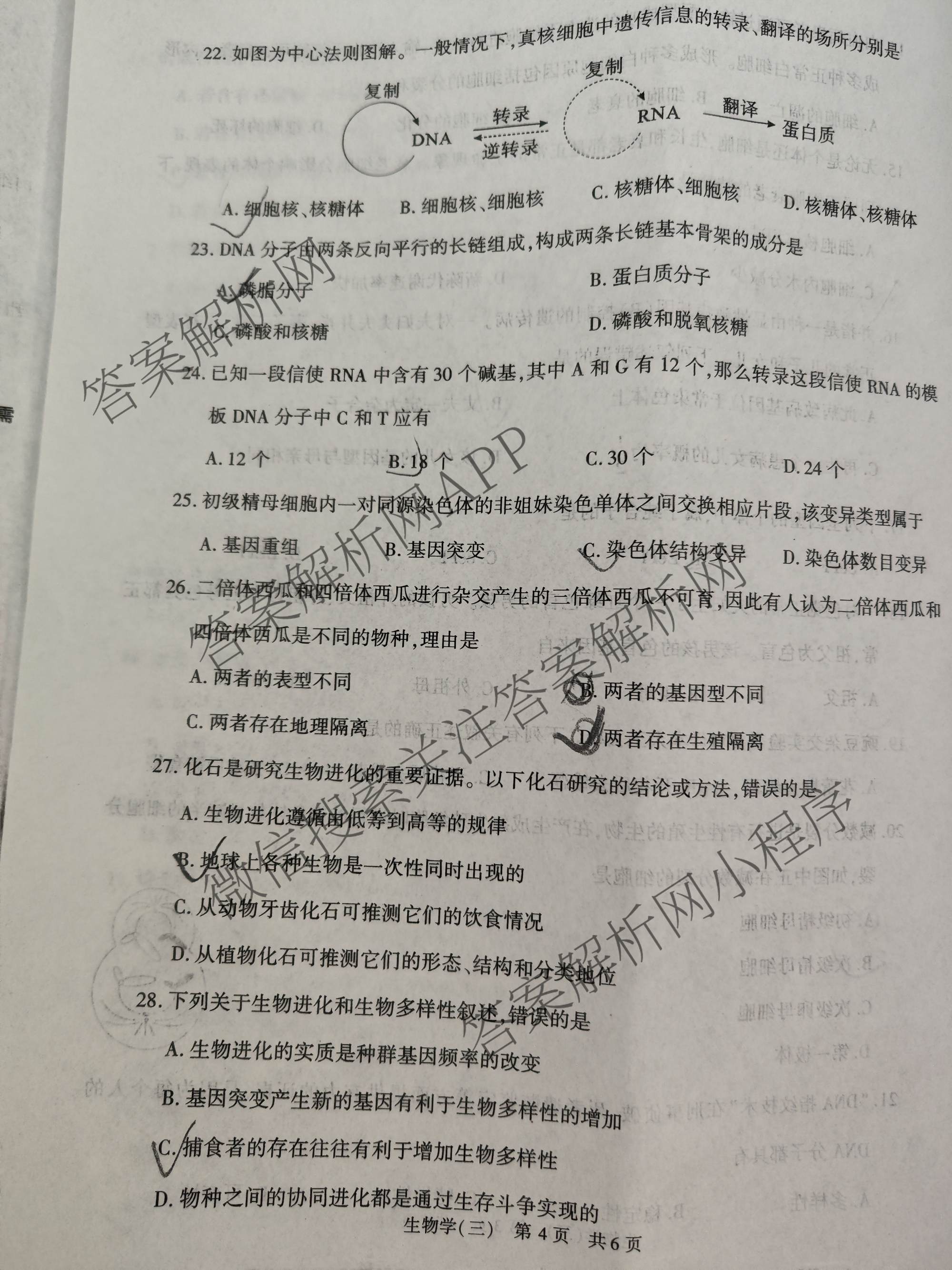 2025年陕西省普通高中学业水合格性考试(三)3（含语文、生物、历史等）生物试题