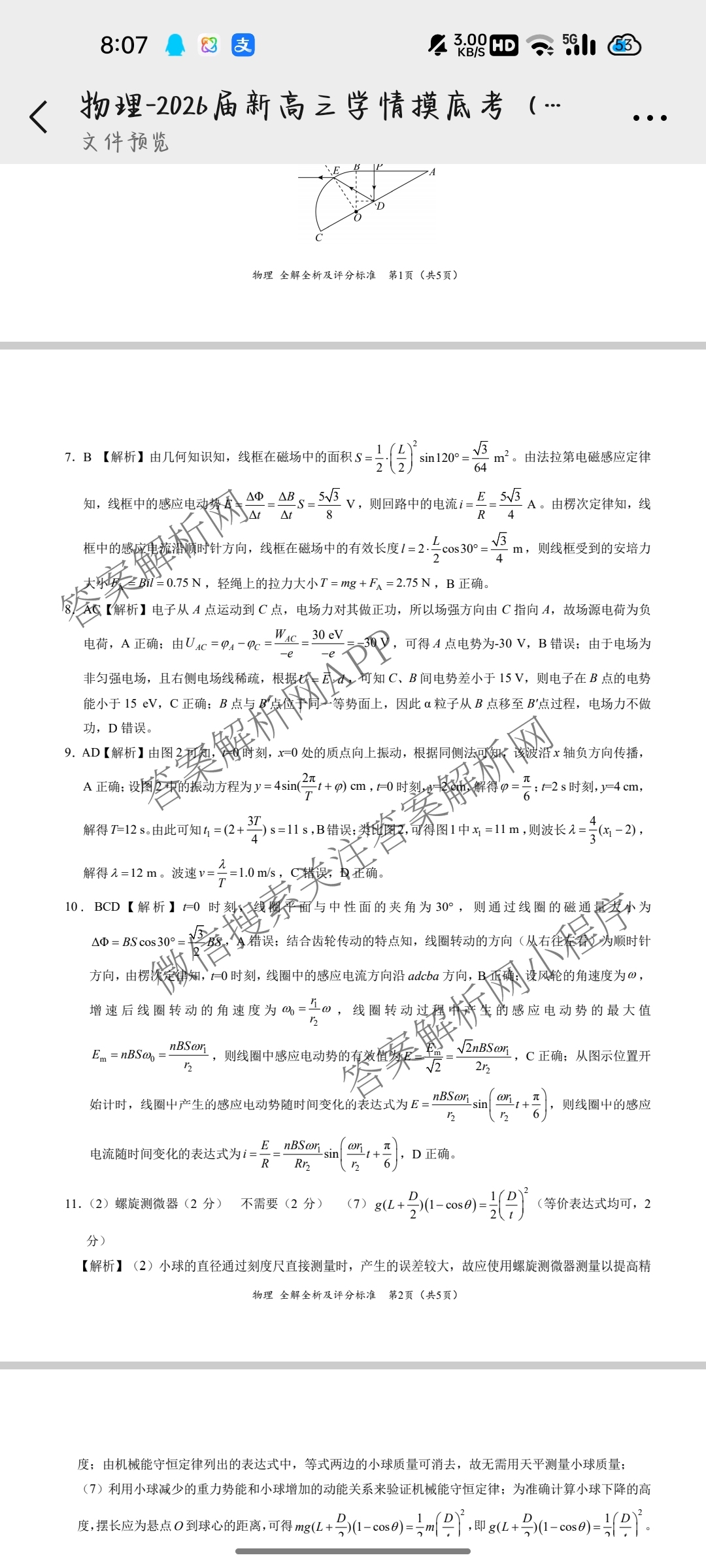 学科网2026届新高三学情摸底考试卷及答案汇总（58科全）物理答案