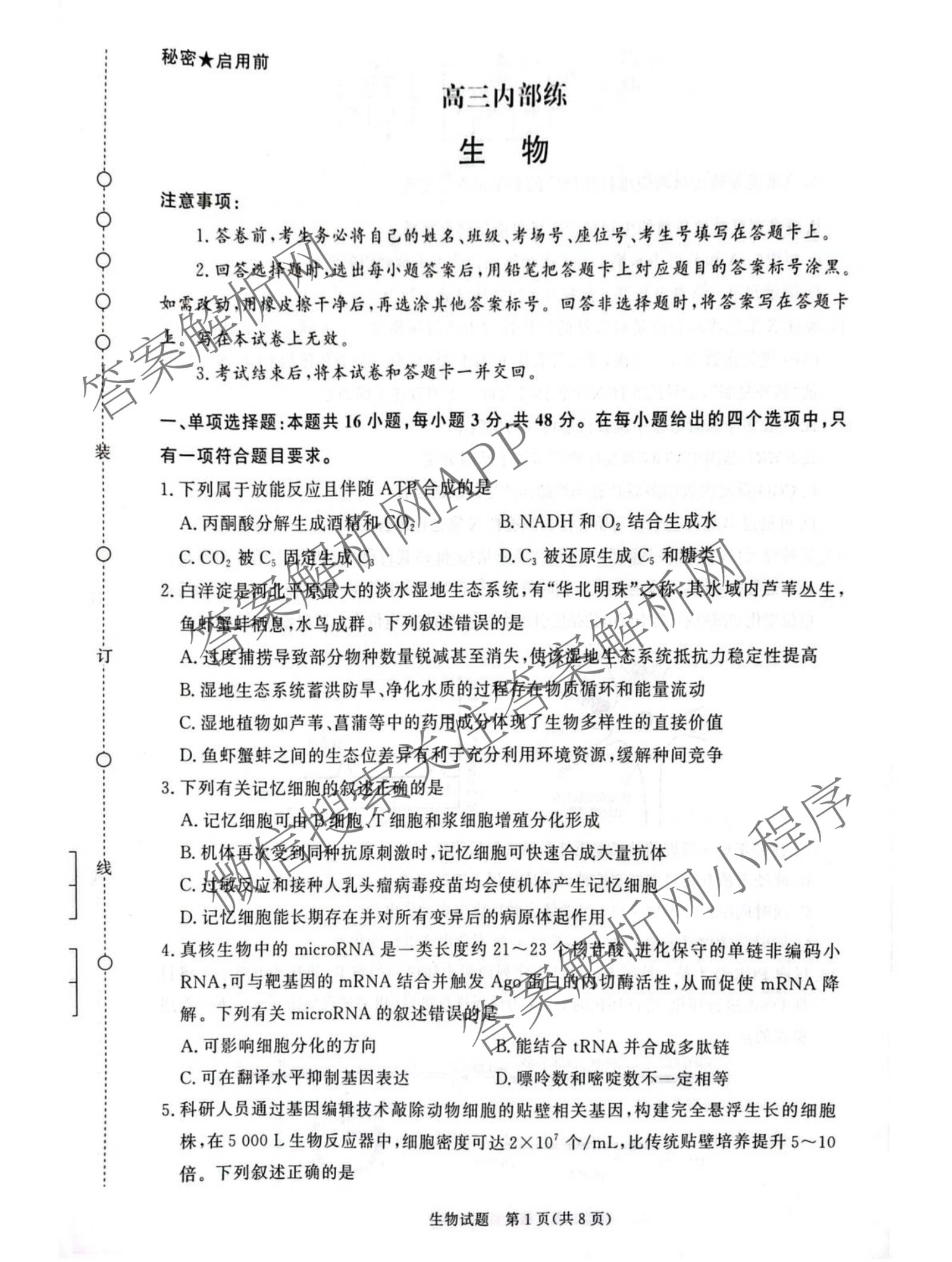 青桐鸣2026届高三内部练(3月)（含生物、政治(★)、物理等13份）生物试题