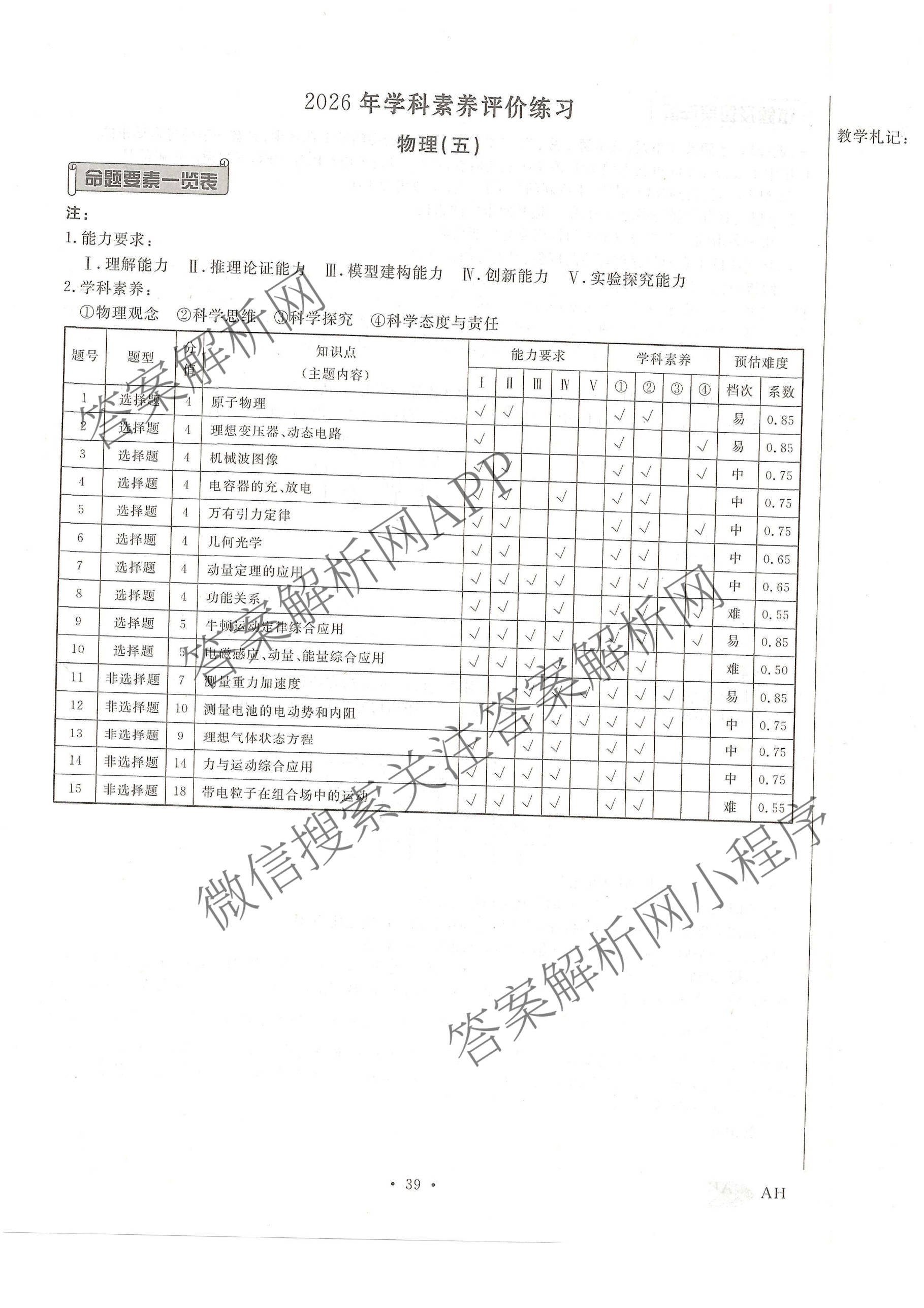 衡水金卷先享题2026年学科素养评价练(五)5(已更新地理(HJ)【河北专版】、地理(HN)【湖南专版】、生物(CY)【四川重庆专版】等90份)物理答案