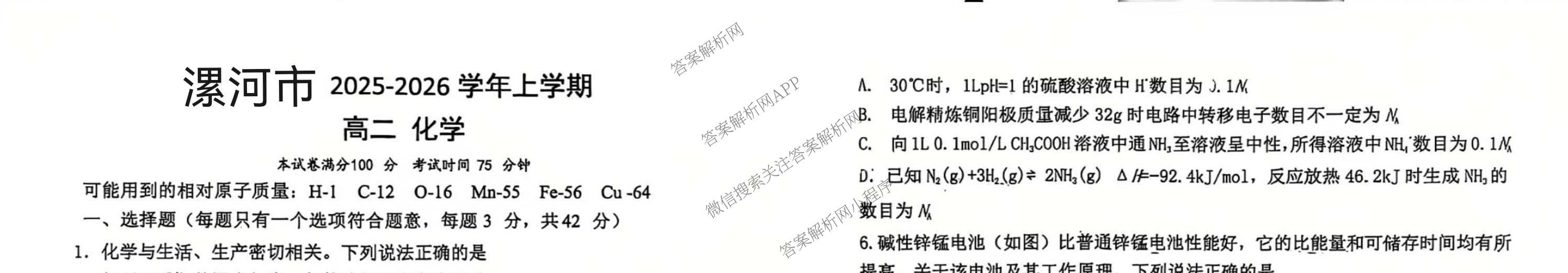 漯河市2025-2026学年上学期高二期末考试(2月): 含化学、政治、物理试卷解析化学试题