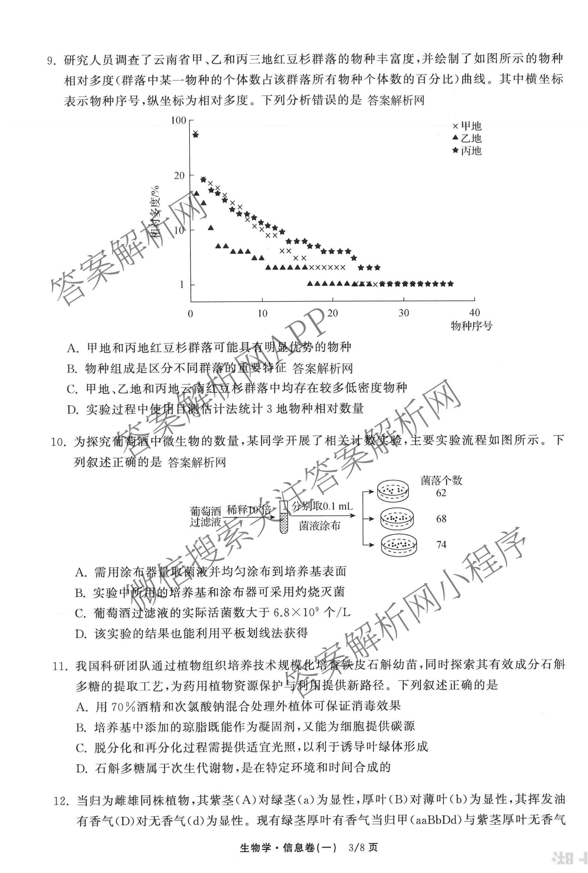 天舟高考衡中同卷2026年普通高等学校招生全国统一考试模拟信息卷(一)1（含历史(WY)、数学(B)、物理(WY)等）生物试题