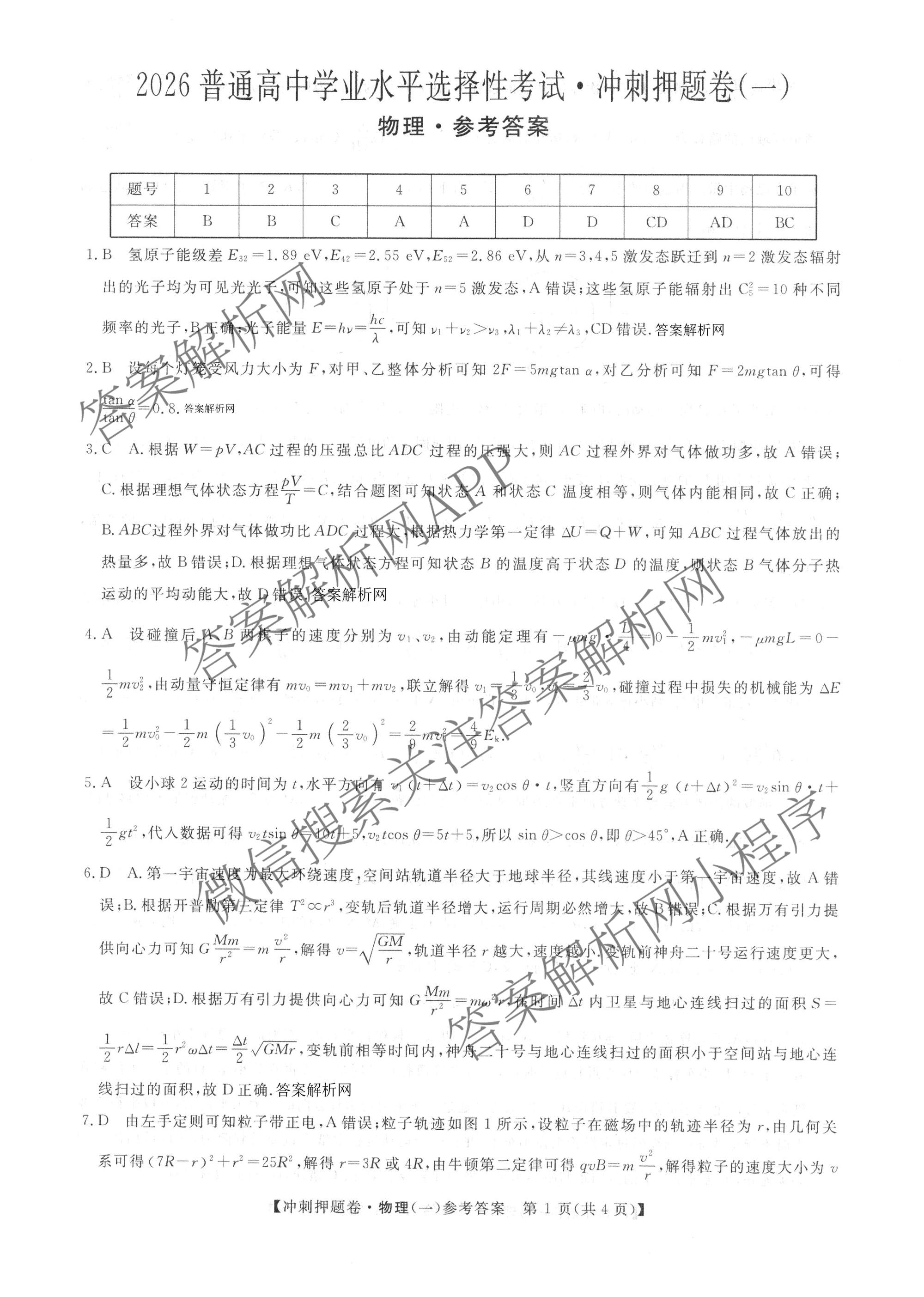 2026普通高等学校招生全国统一考试冲刺押题卷(一)1各科答案及试卷（含数学(B)、物理、英语等11份）物理答案
