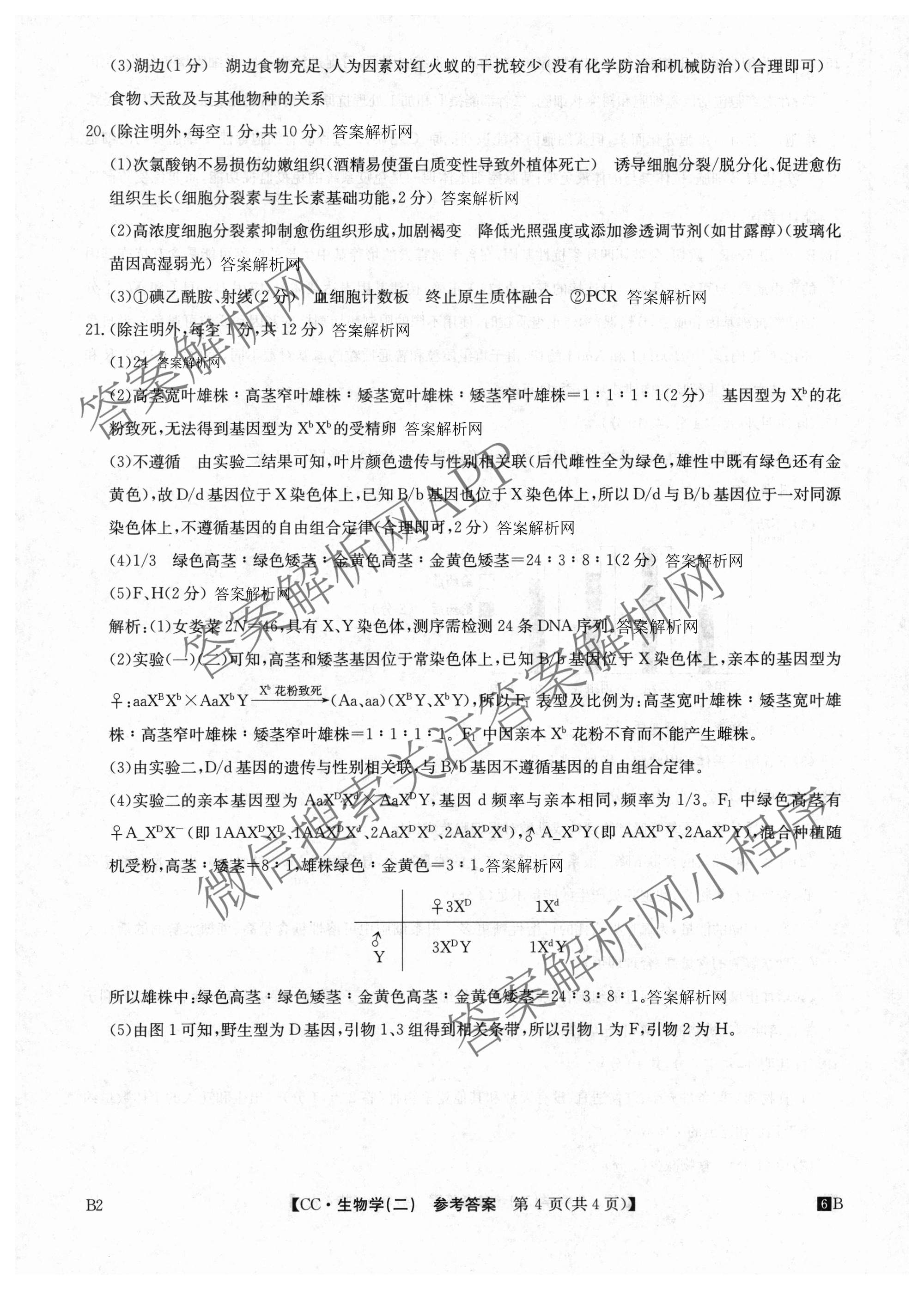 2026年全国高考冲刺压轴卷(二)2各科答案及试卷(已更新政治(B3) 生物(江西) 物理(B1)等75份)生物答案