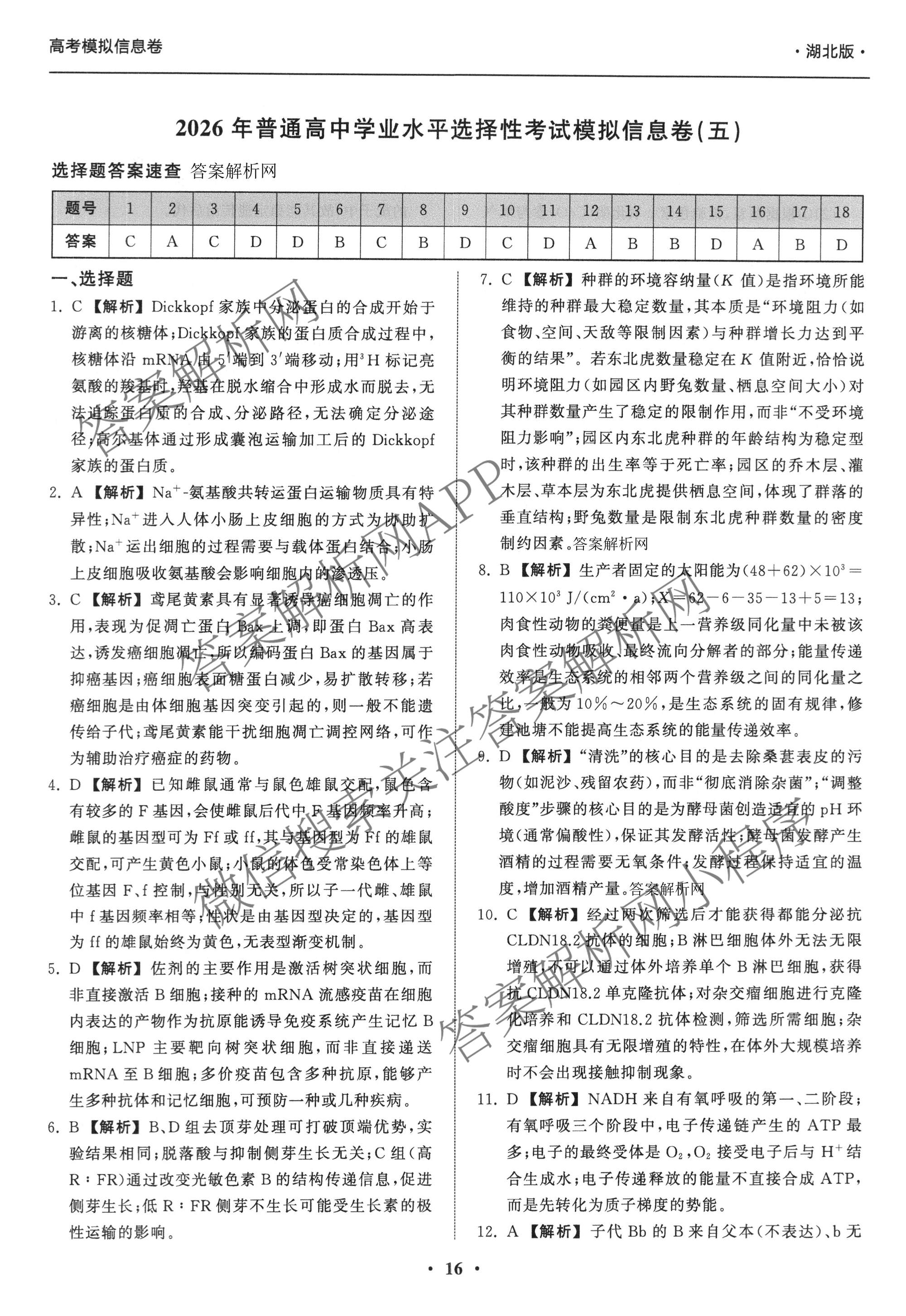 天舟高考衡中同卷2026年普通高等学校招生全国统一考试模拟信息卷(五)5试卷及答案汇总（含化学(WG)、化学(WY)、物理(山东版)等）生物答案