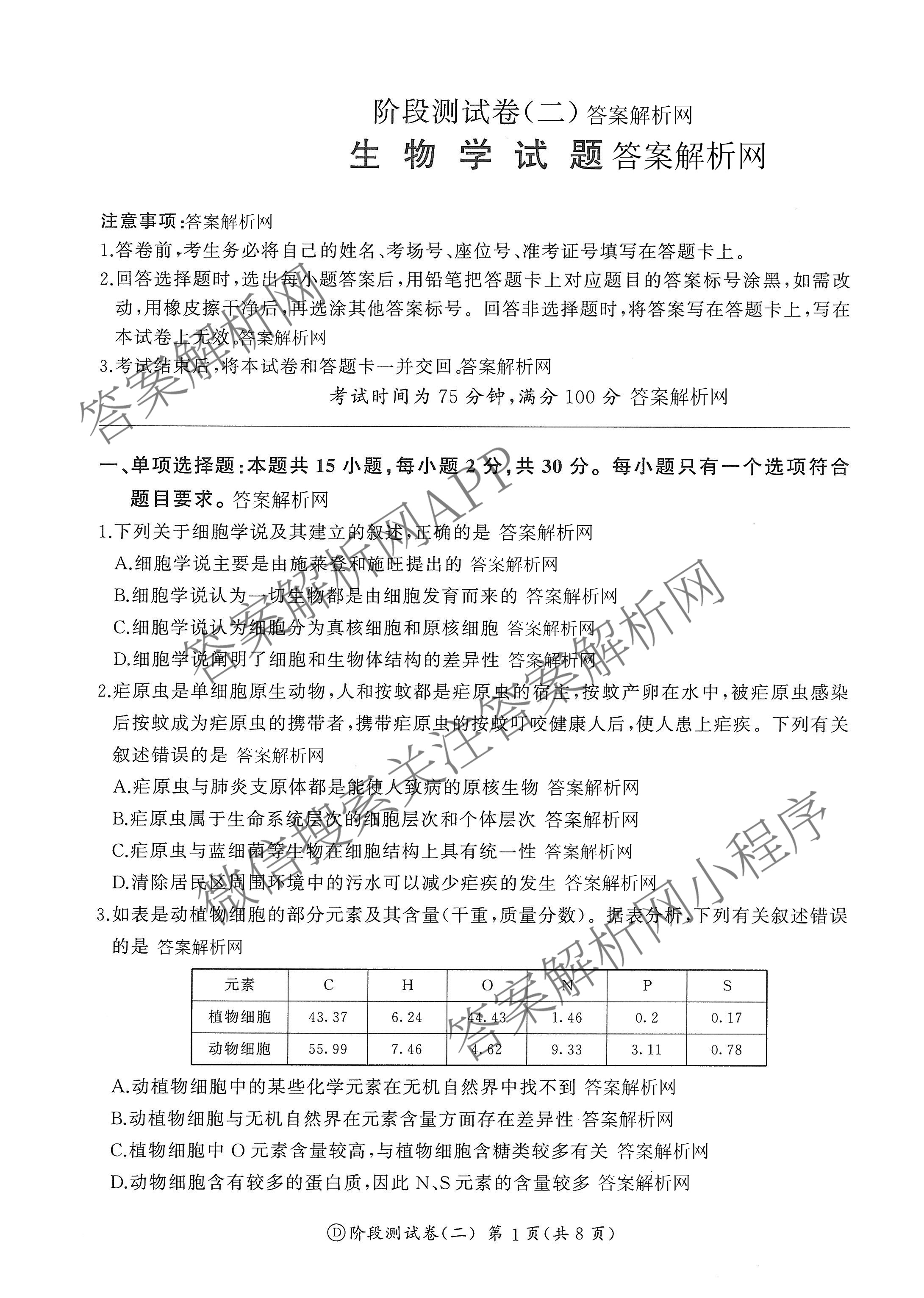 百师联盟2025-2026学年高一上学期阶段测试卷(二)2试卷及答案汇总(已更新数学(北师大版) 政治(75分钟) 历史(75分钟)等21份)生物试题 百师联盟2025-2026学年高一上学期阶段测试卷(二)2试卷及答案汇总(已更新数学(北师大版) 政治(75分钟) 历史(75分钟)等21份)生物试题