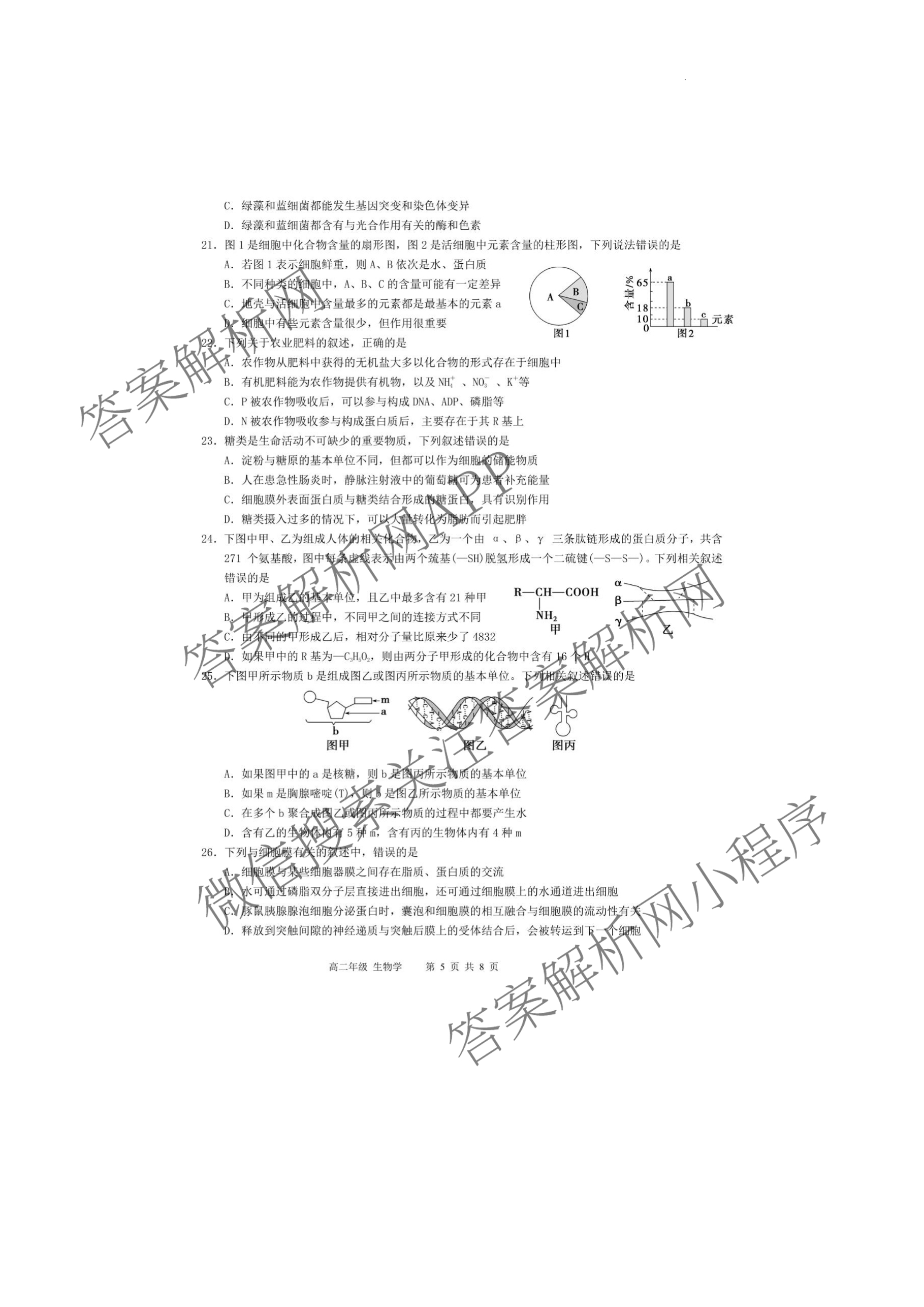新疆实验中学2024-2025学年第二学期高二年级期末考试（9科全）生物试题