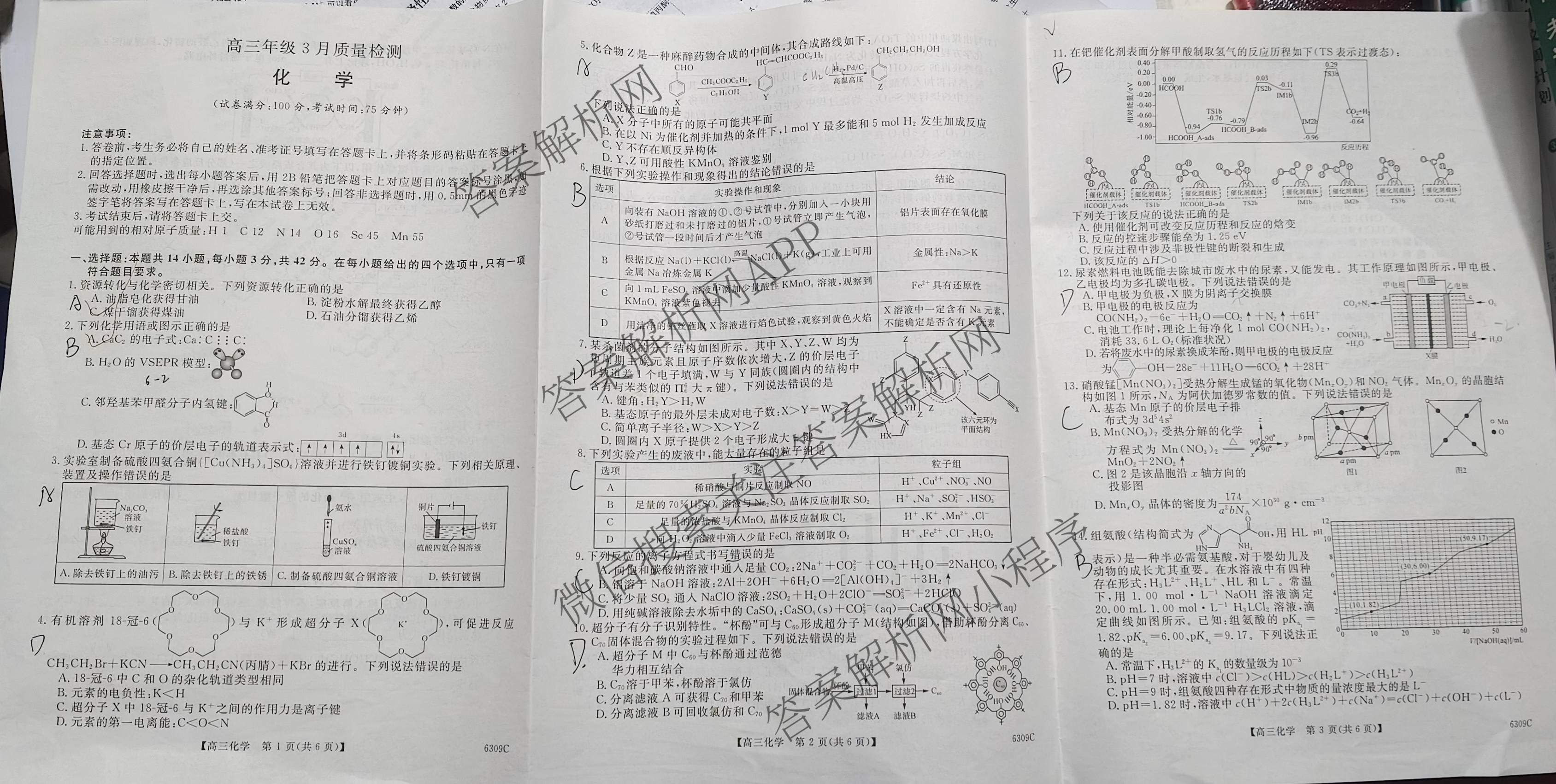 湖南省2026届高三年级3月质量检测(6309C)（9科全）化学试题