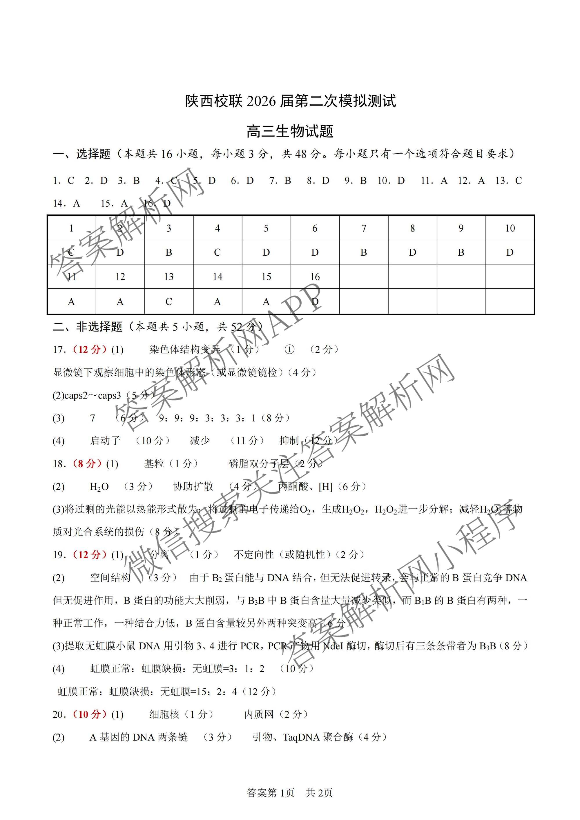 陕西校联2026届第二次模拟测试高三(4.2)（9科全）生物答案