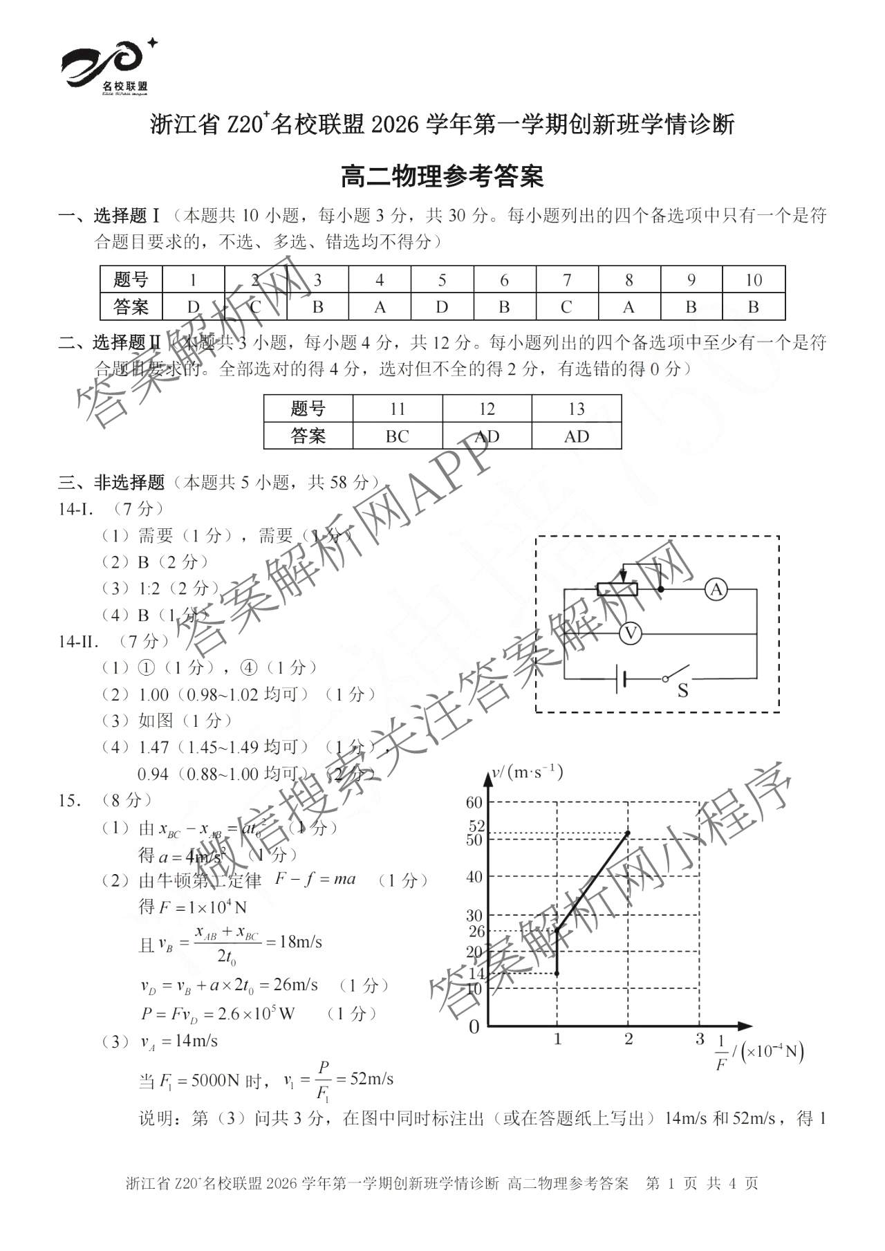 浙江省Z20+名校联盟2026学年第一学期创新班学情诊断高二试卷及答案汇总（含英语、数学、地理等）物理答案