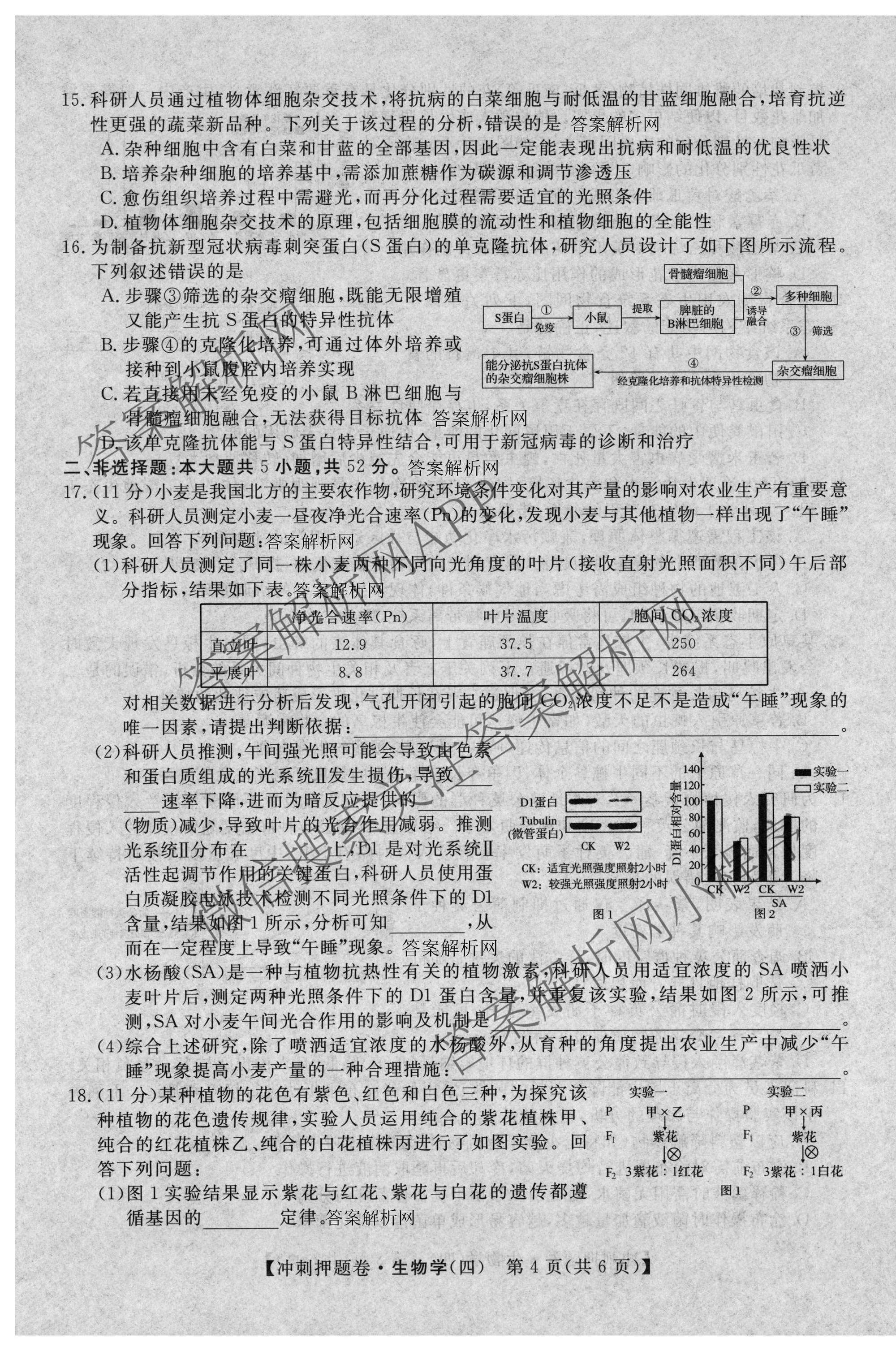 2026普通高等学校招生全国统一考试冲刺押题卷(四)4各科答案及试卷（16科全）生物试题