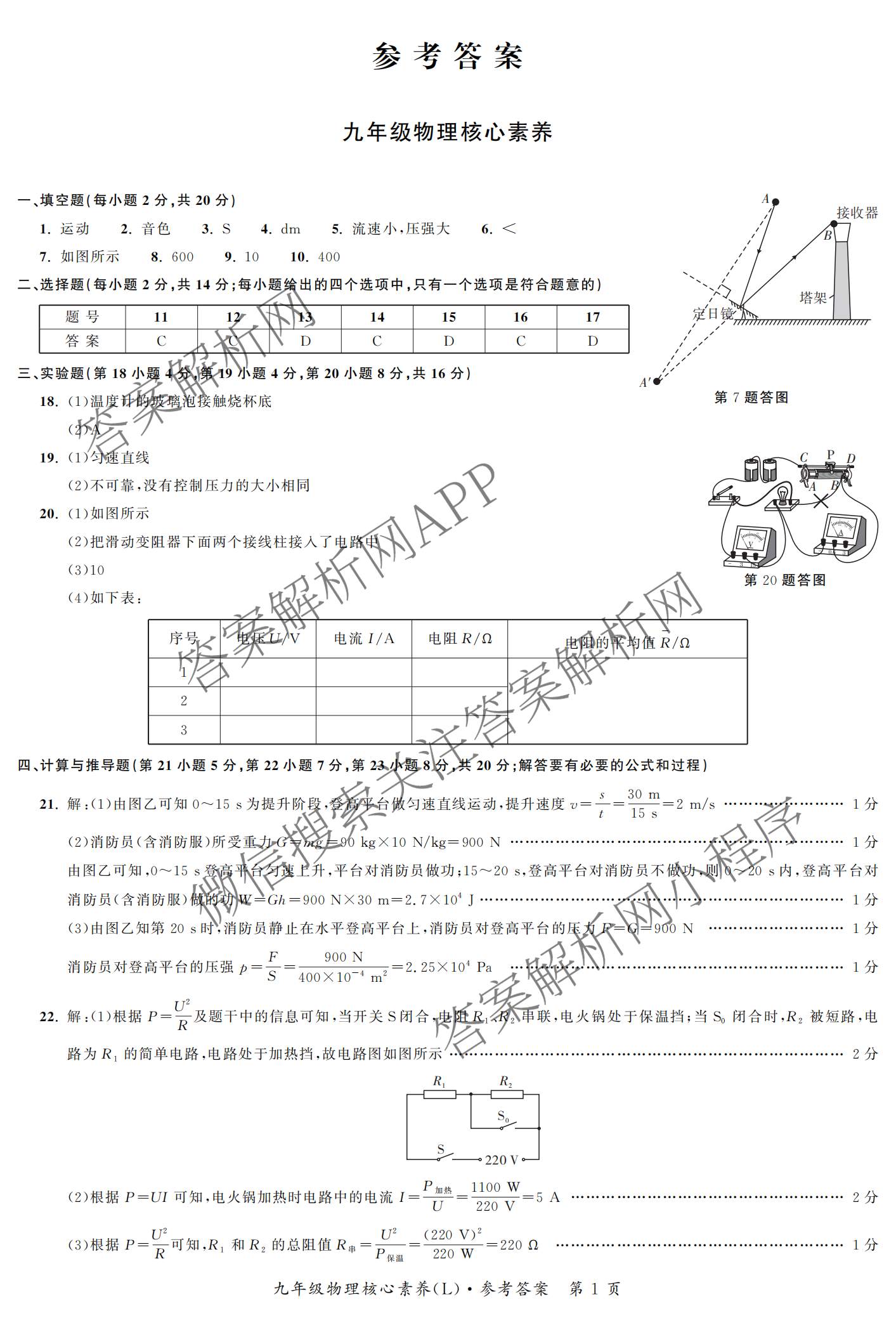 安徽省2025-2026同步达标自主练九年级第六次(L)[核心素养]各科答案及试卷（含化学、历史、语文等）物理答案