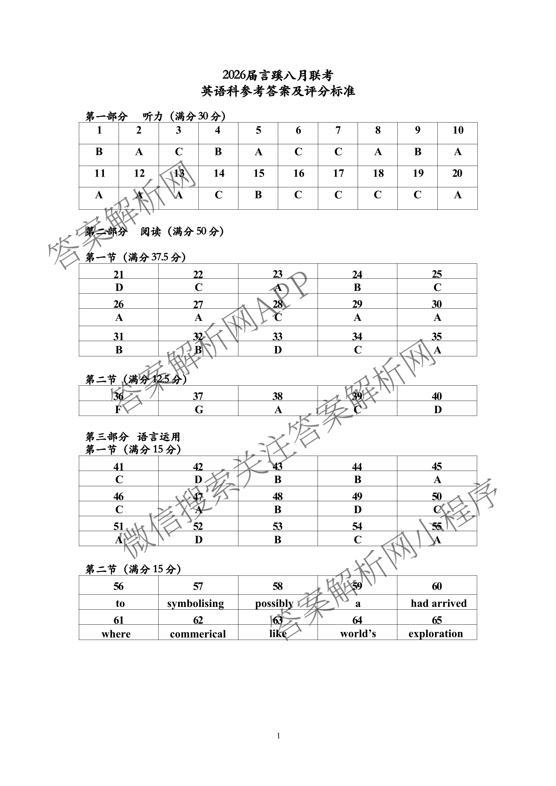 言蹊联考2026届新高三毕业班适应性检测(8月)各科答案及试卷（9科全）英语答案