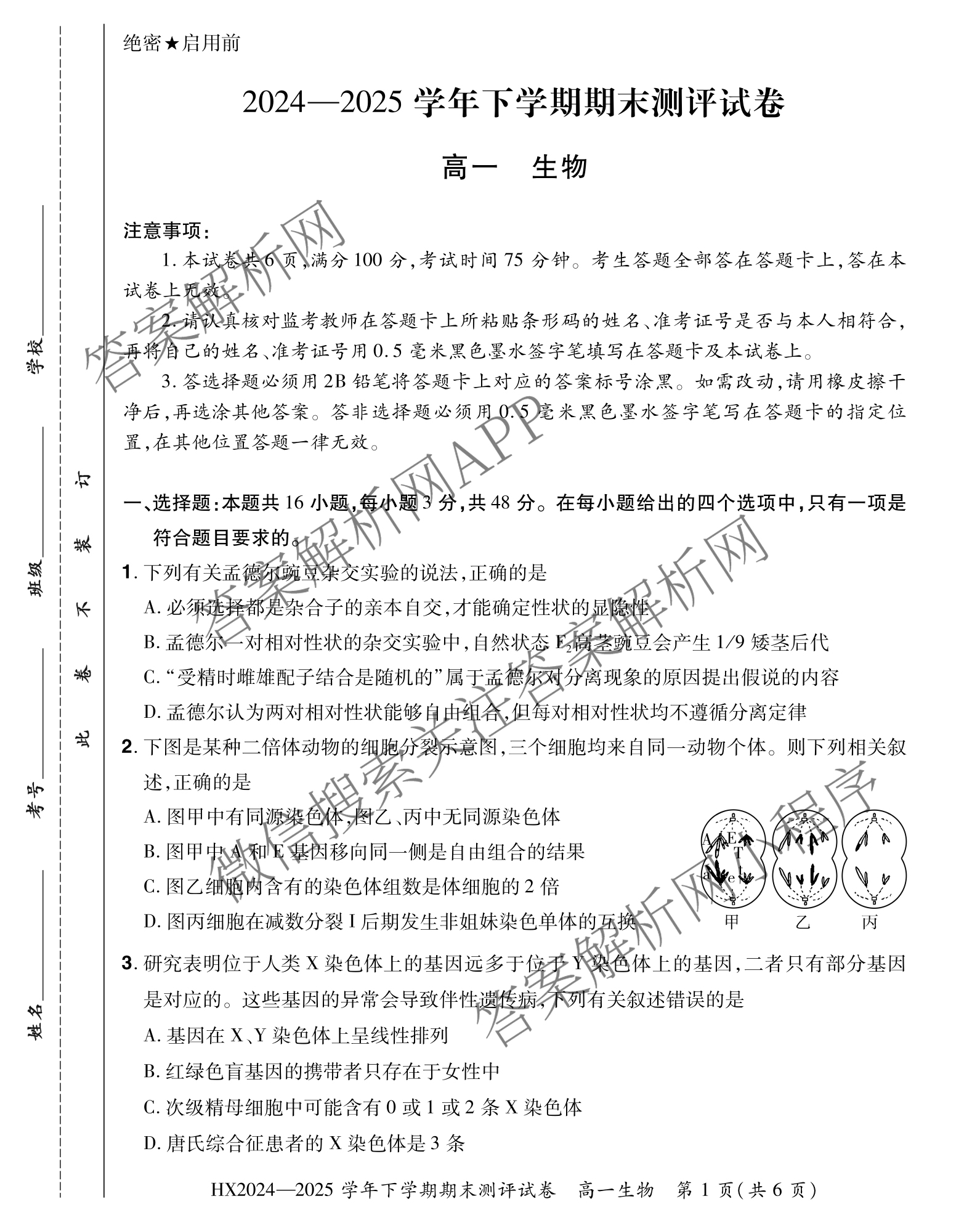 HX 2024-2025学年下学期期末测评试卷高一（含化学、地理、物理等9份）生物试题