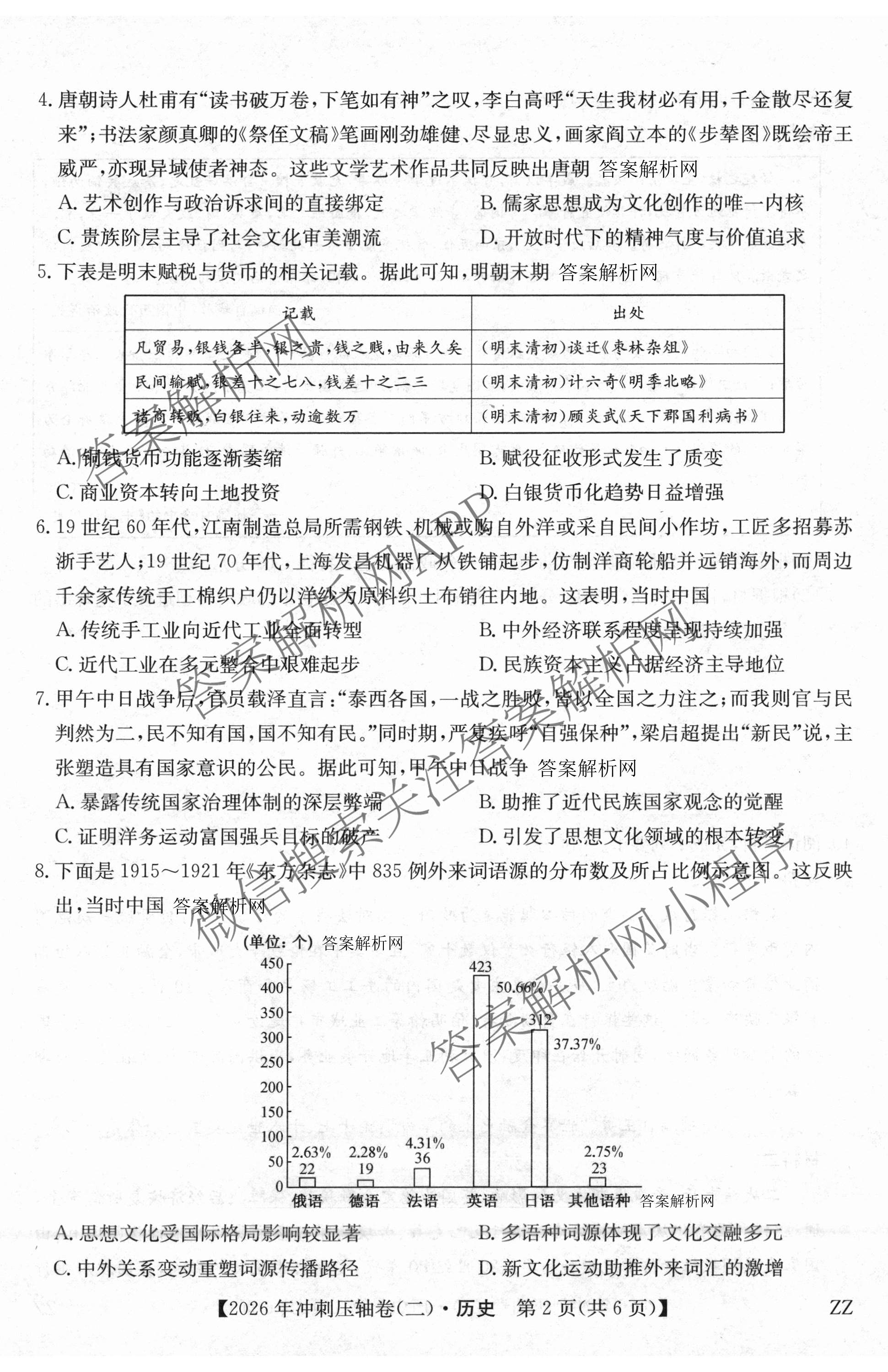 2026年全国高考冲刺压轴卷(二)2各科答案及试卷(已更新政治(B3) 生物(江西) 物理(B1)等75份)历史试题